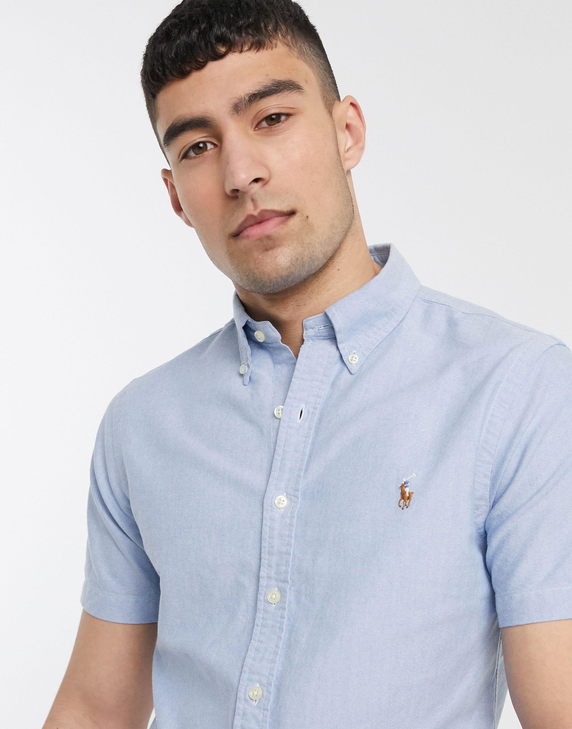 Polo Ralph Lauren Short Sleeve Oxford Shirt Slim Fit Multi Player Logo in  Blue for Men | Lyst
