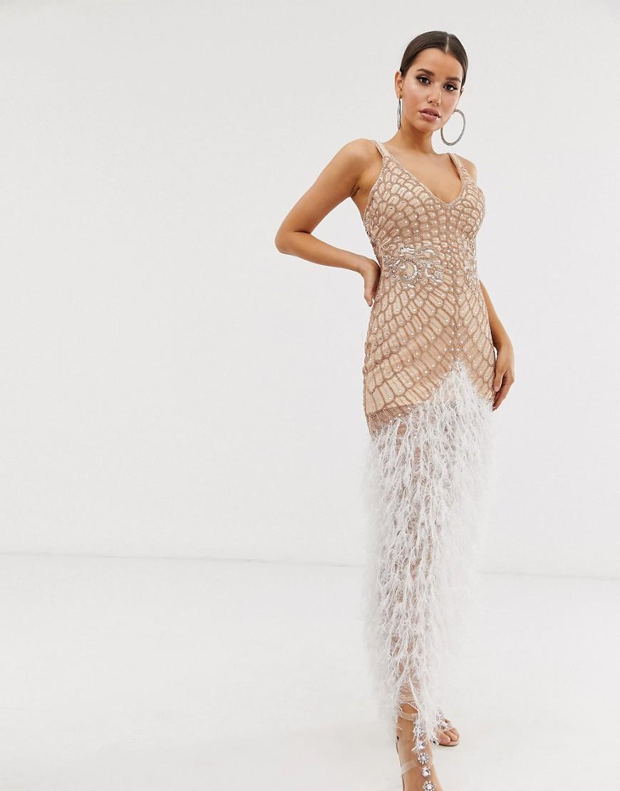 feather embellished gown