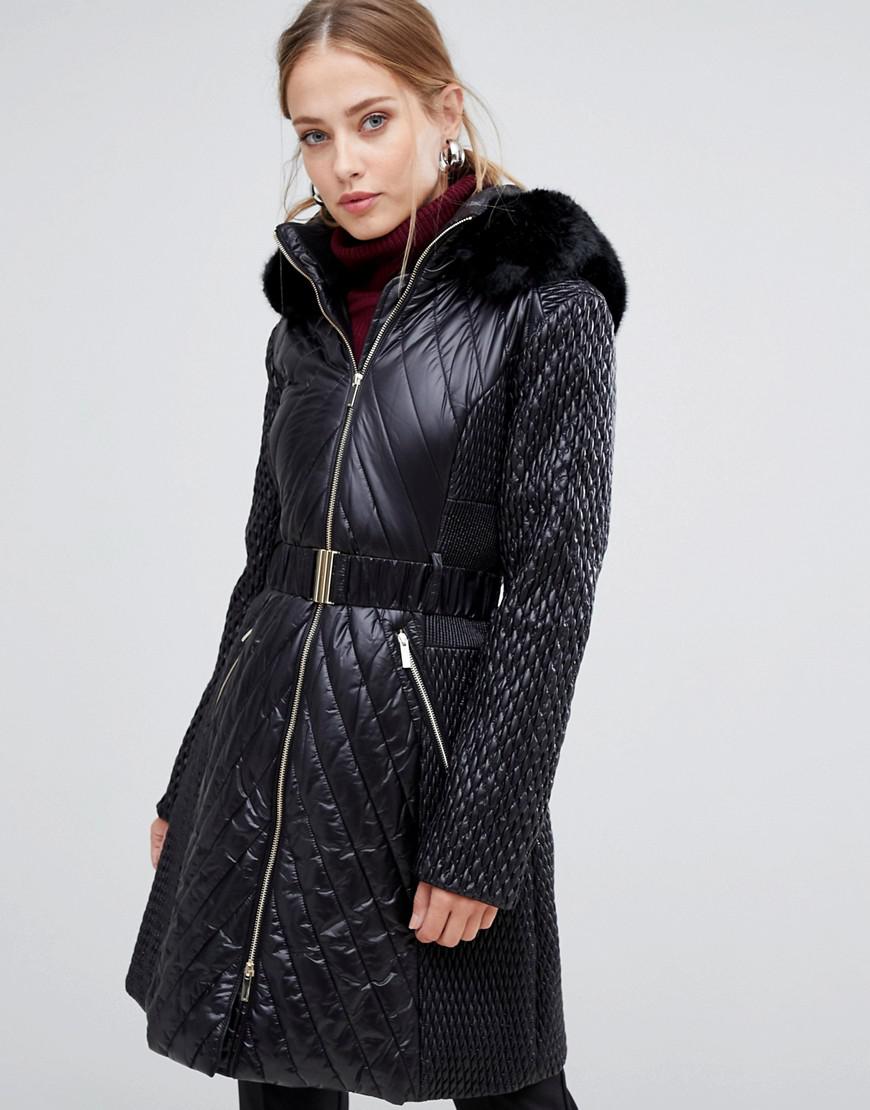 Short Quilted Faux Fur Trimmed Hood Coat Karen Millen | Karen Millen ...