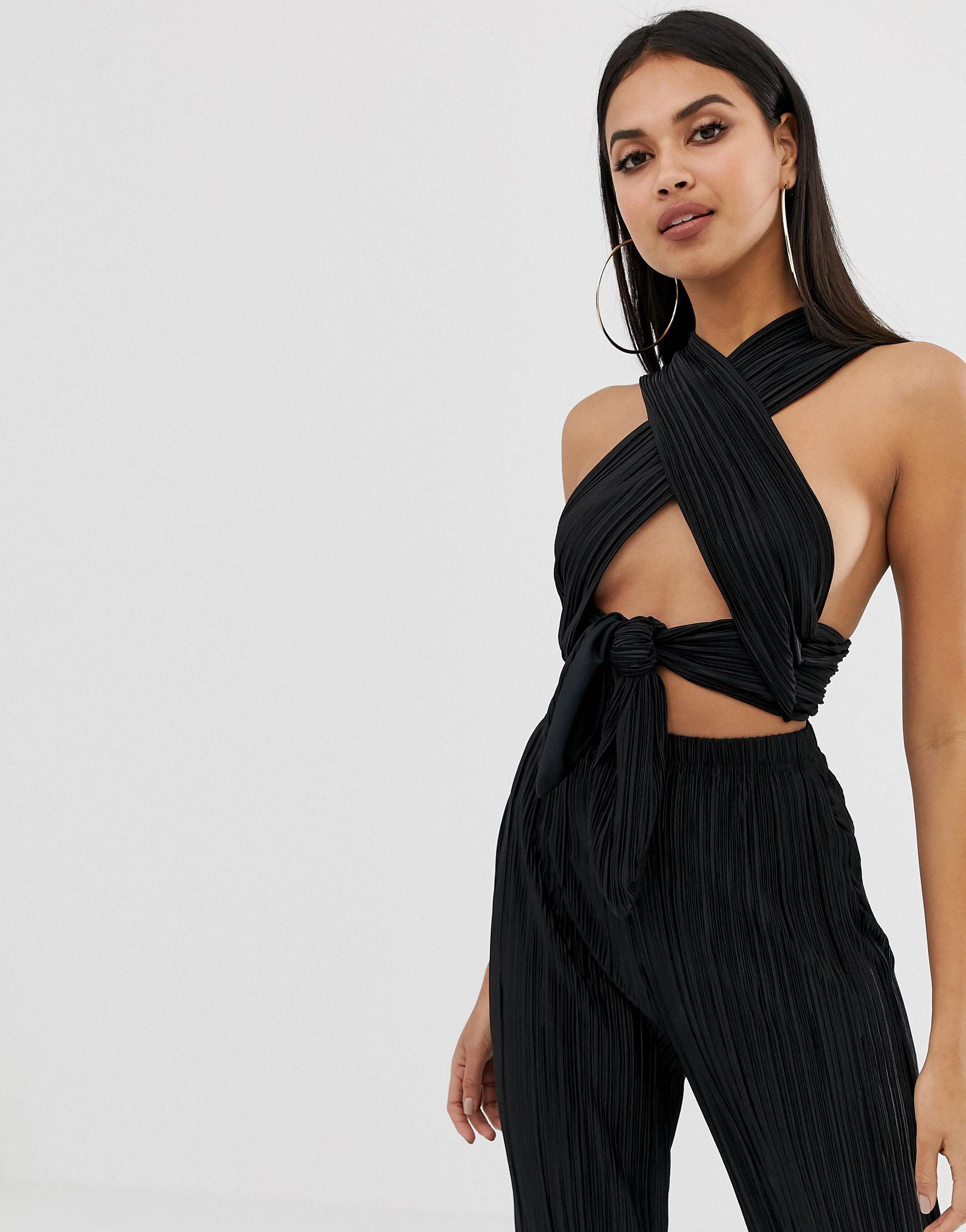 PrettyLittleThing Plisse Wrap Crop Top With Tie Detail in Black