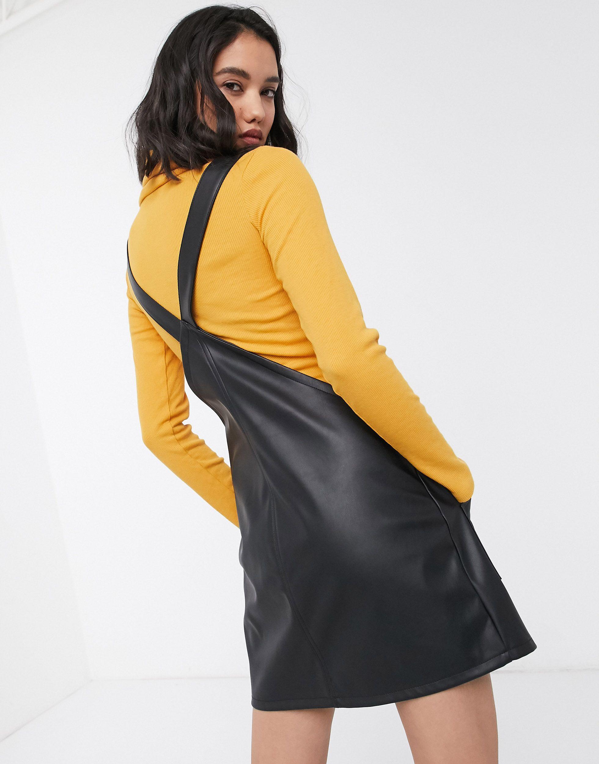 Faux Leather Pinafore Dress in Black 