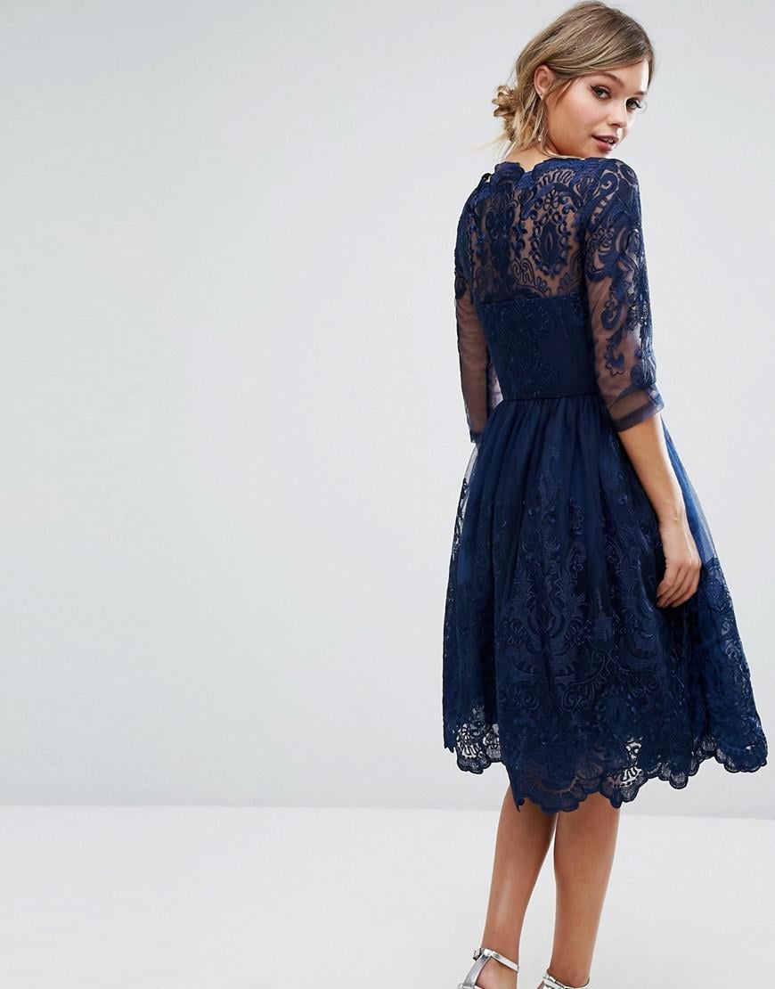 Chi Chi London Premium Lace Midi Dress With 3/4 Length Sleeve in Blue | Lyst