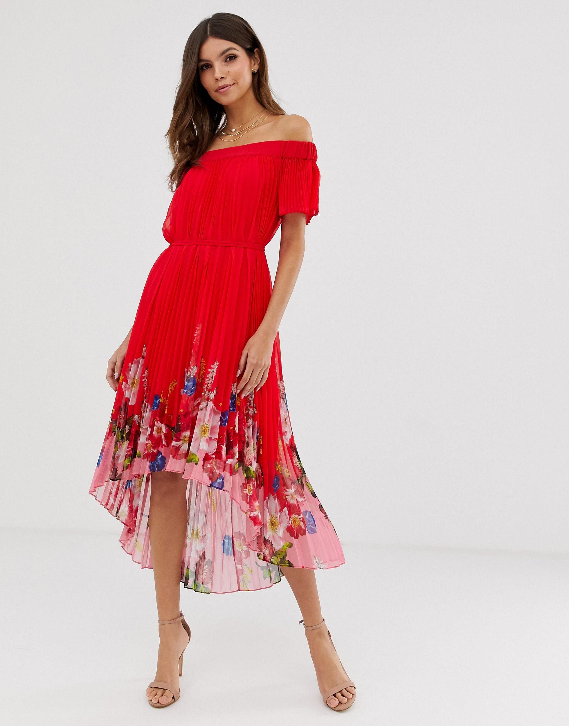 Ted Baker Berry Sundae Bardot Floral Off-the-shoulder Pleated High-low  Dress in Red | Lyst