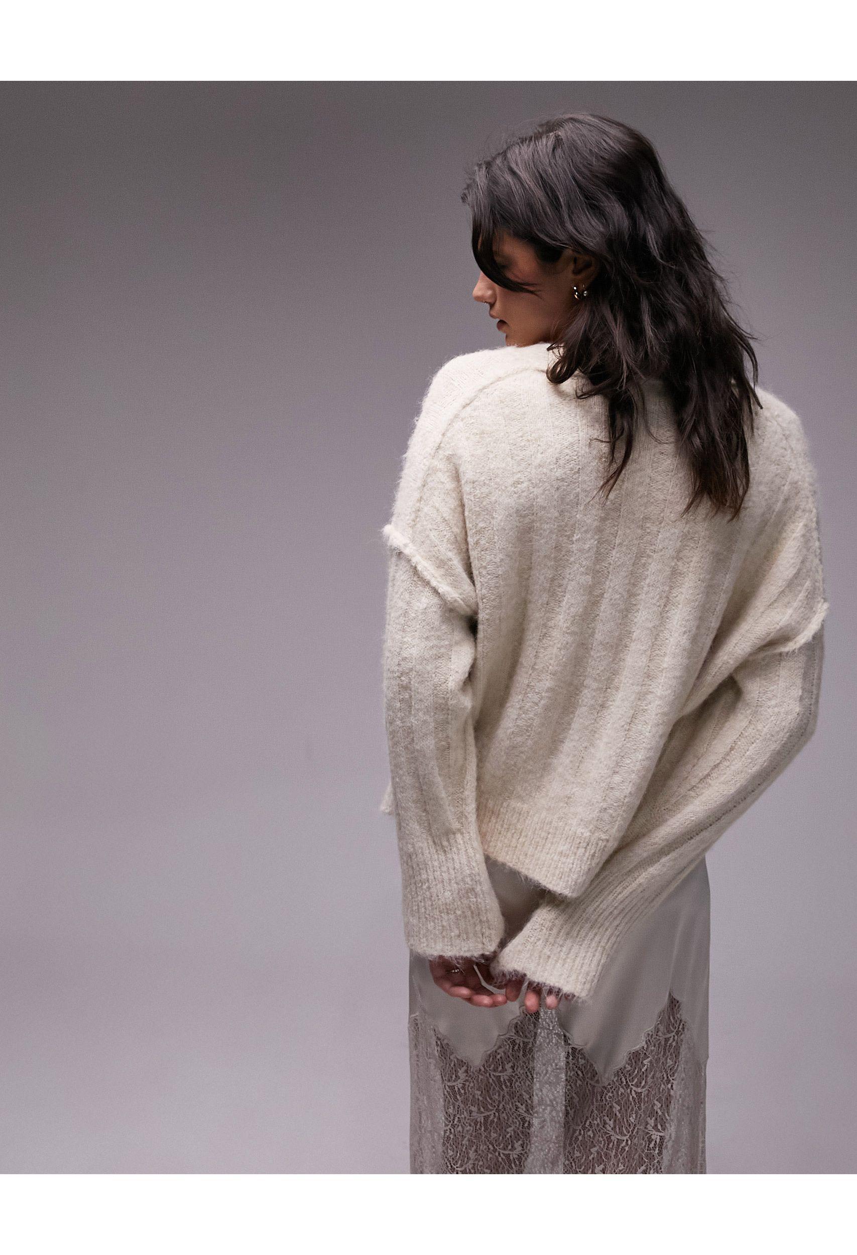 TOPSHOP Knitted Fluffy V neck Cardigan in White Lyst