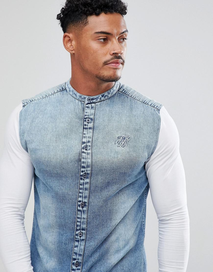 SIKSILK Muscle Denim Shirt In Blue With Jersey Sleeves for Men | Lyst
