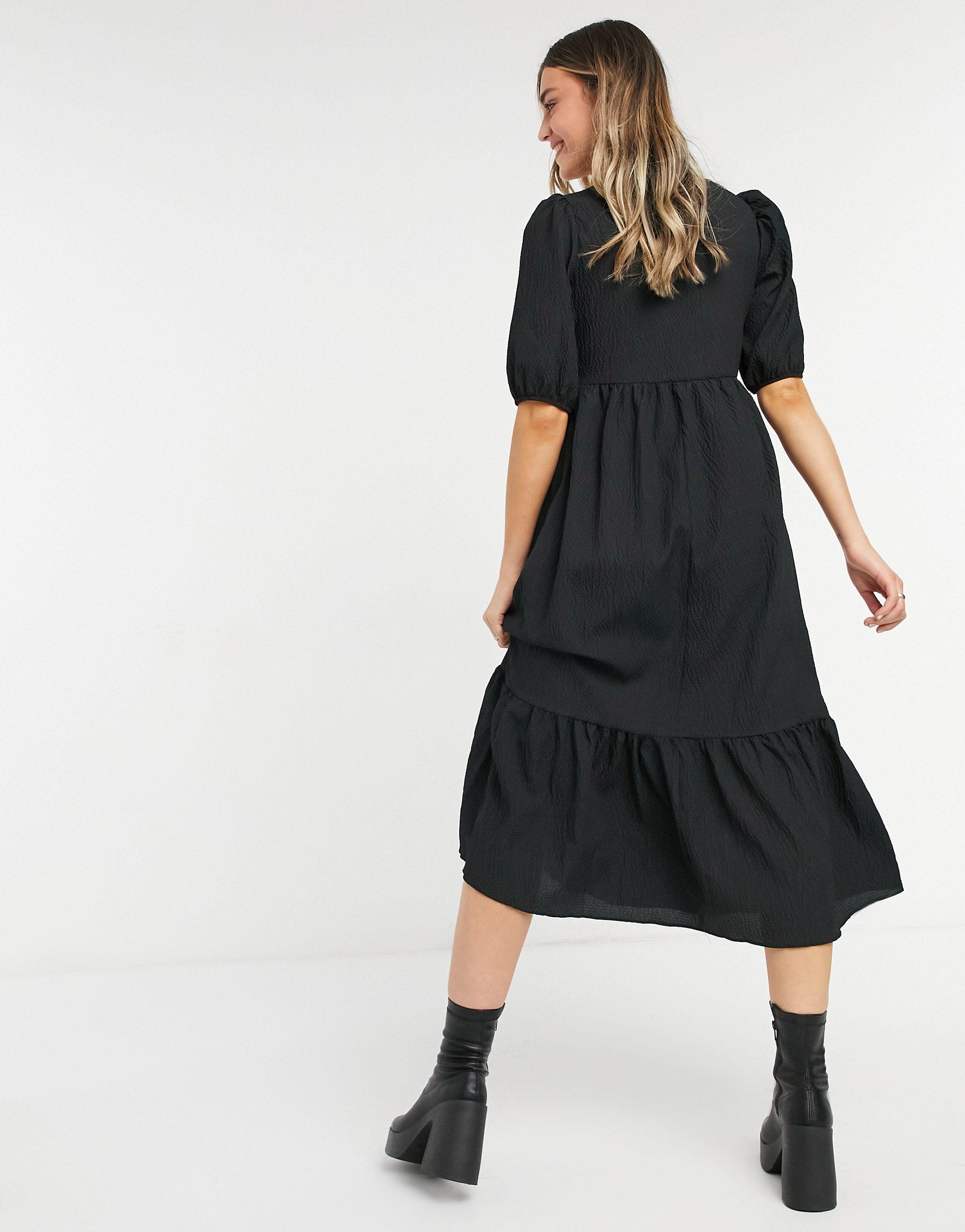 New Look Square Neck Crinkle Midi Smock Dress in Black - Lyst