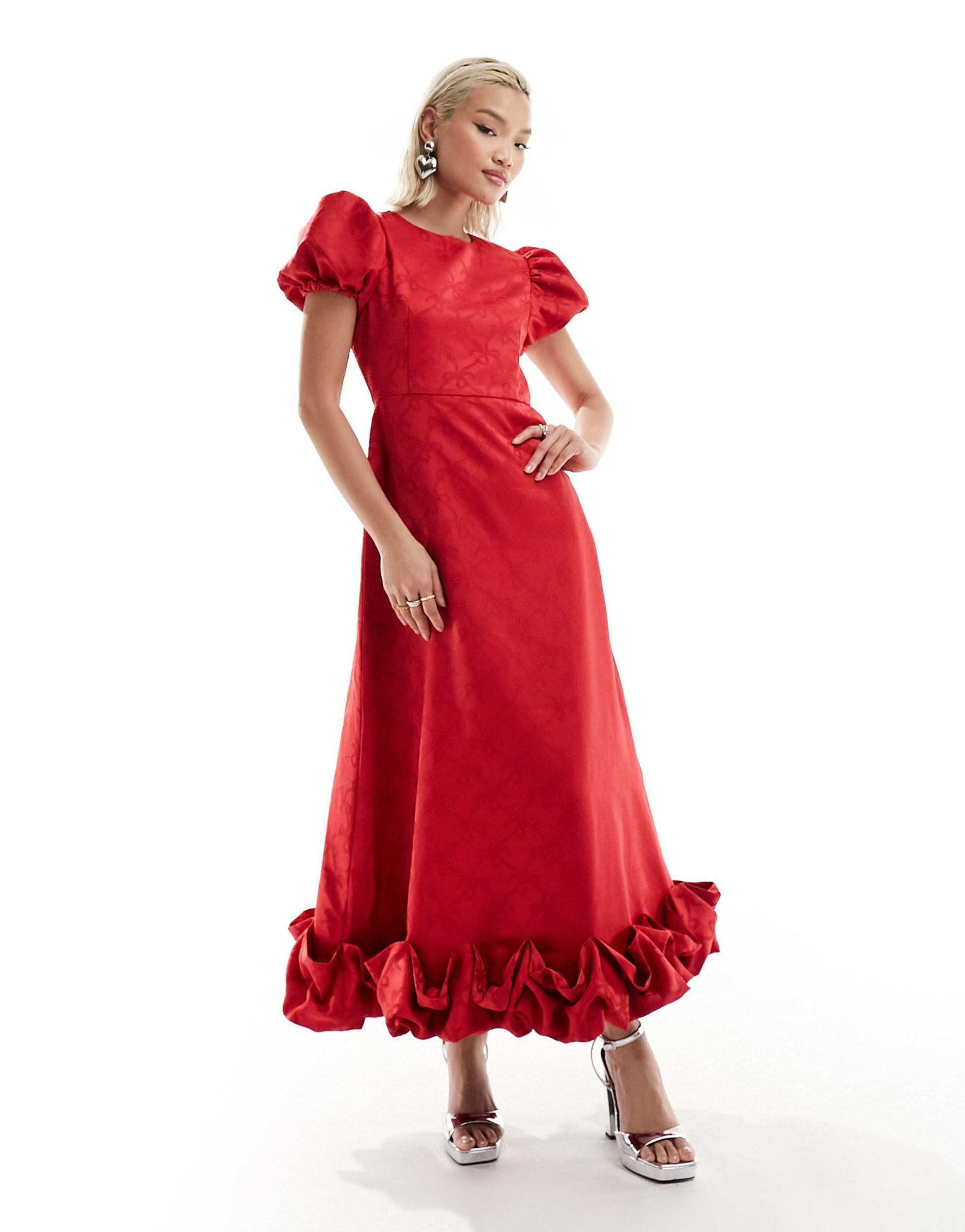 Sister Jane Bow Embossed Puff Sleeve Ruffle Hem Midaxi Dress Sister Jane Bow Embossed Puff Sleeve Ruffle Hem Midaxi Dress