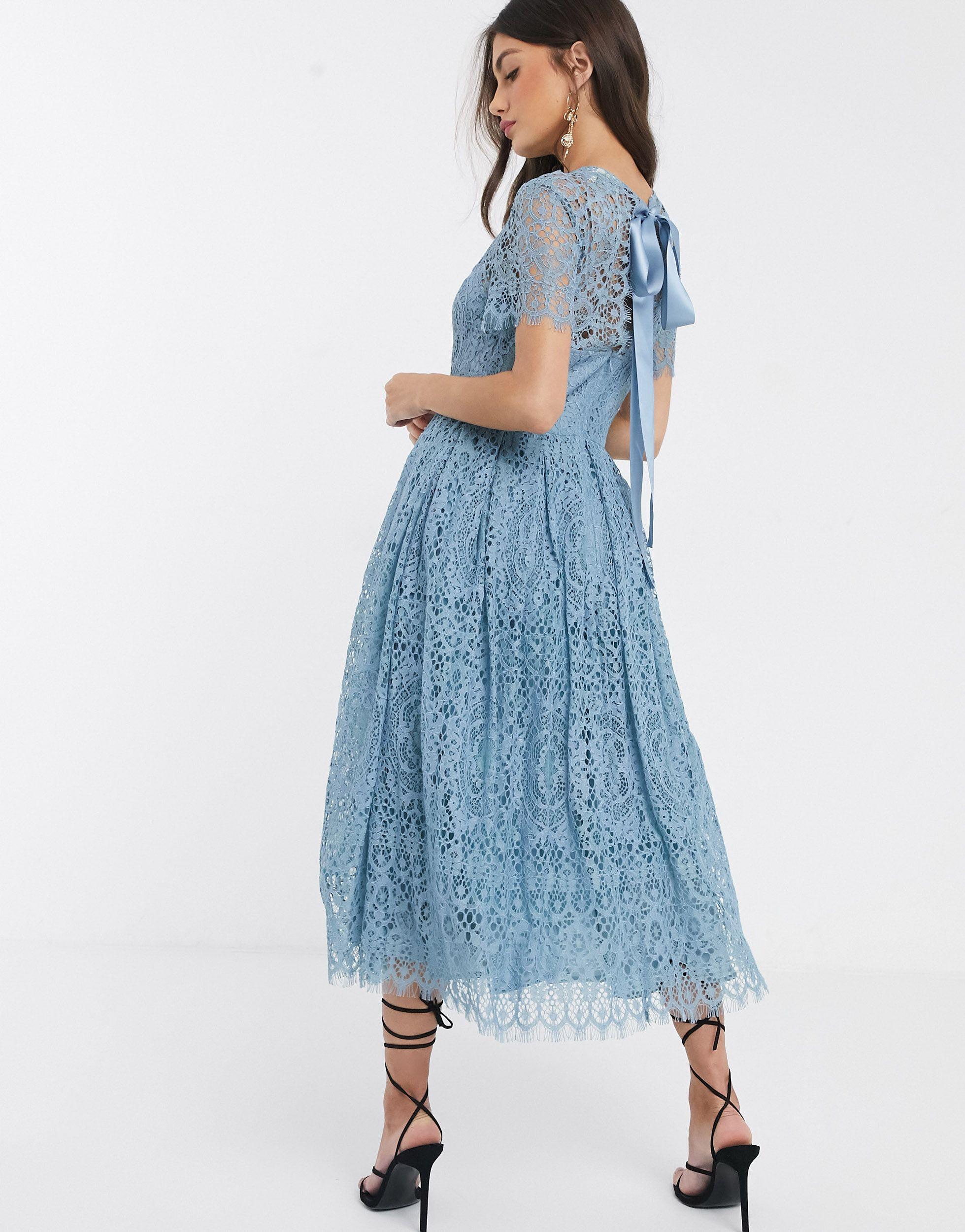 ASOS Lace Midi Dress With Ribbon Tie And Open Back blue Lyst