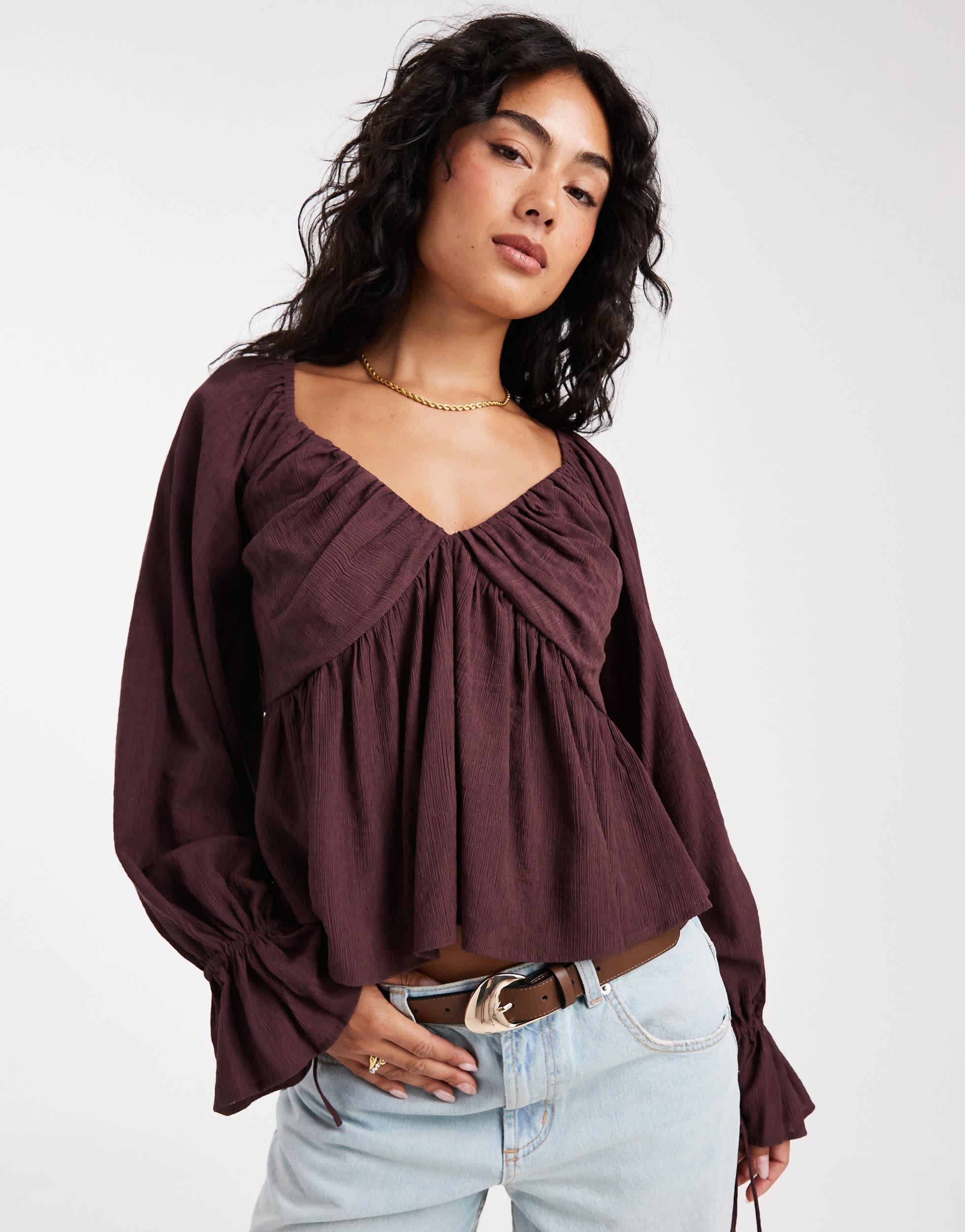 ASOS V Neck Crinkle Long Sleeve Blouse in Purple Lyst Australia