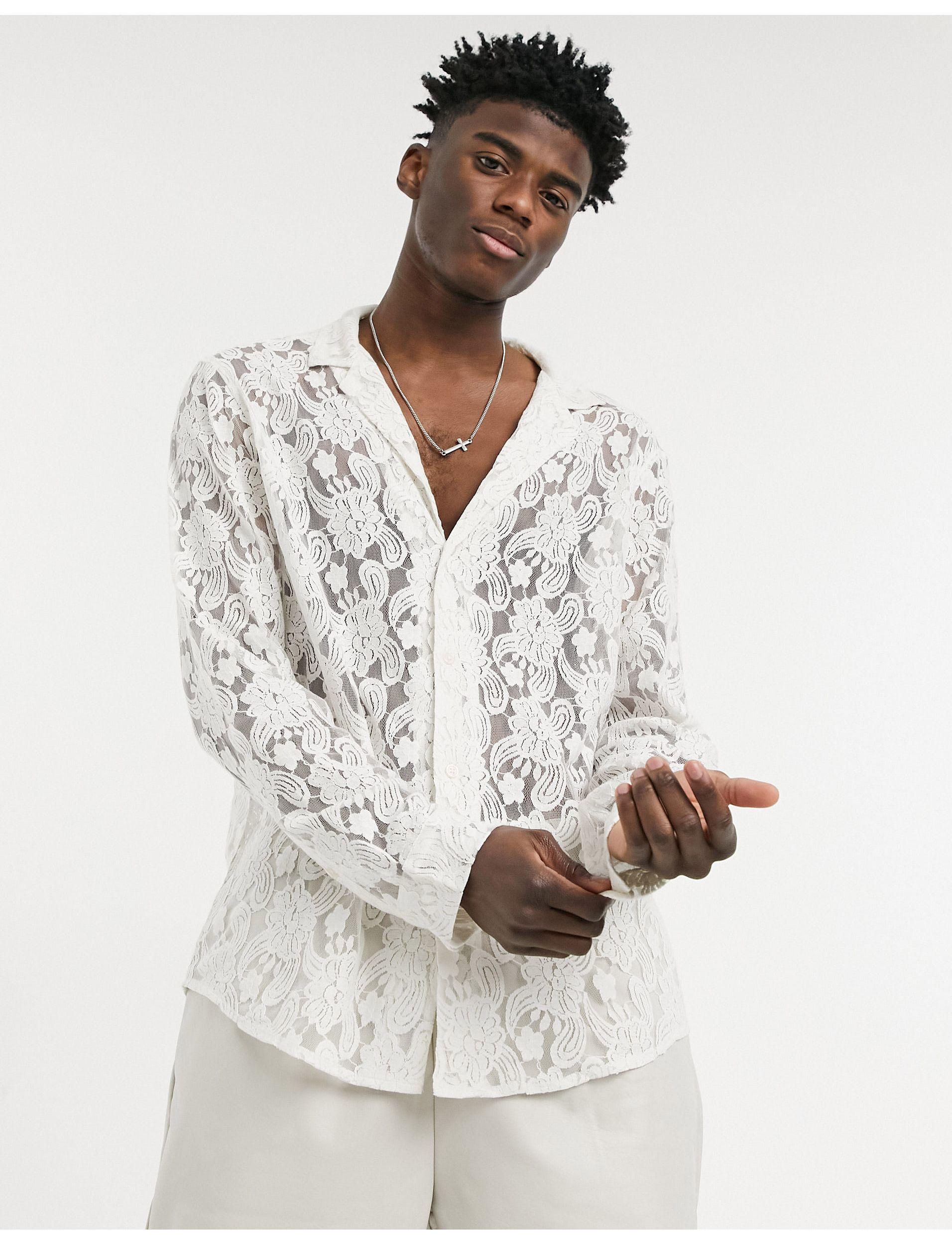 ASOS Regular Fit Lace Shirt With Revere Collar in White for Men | Lyst