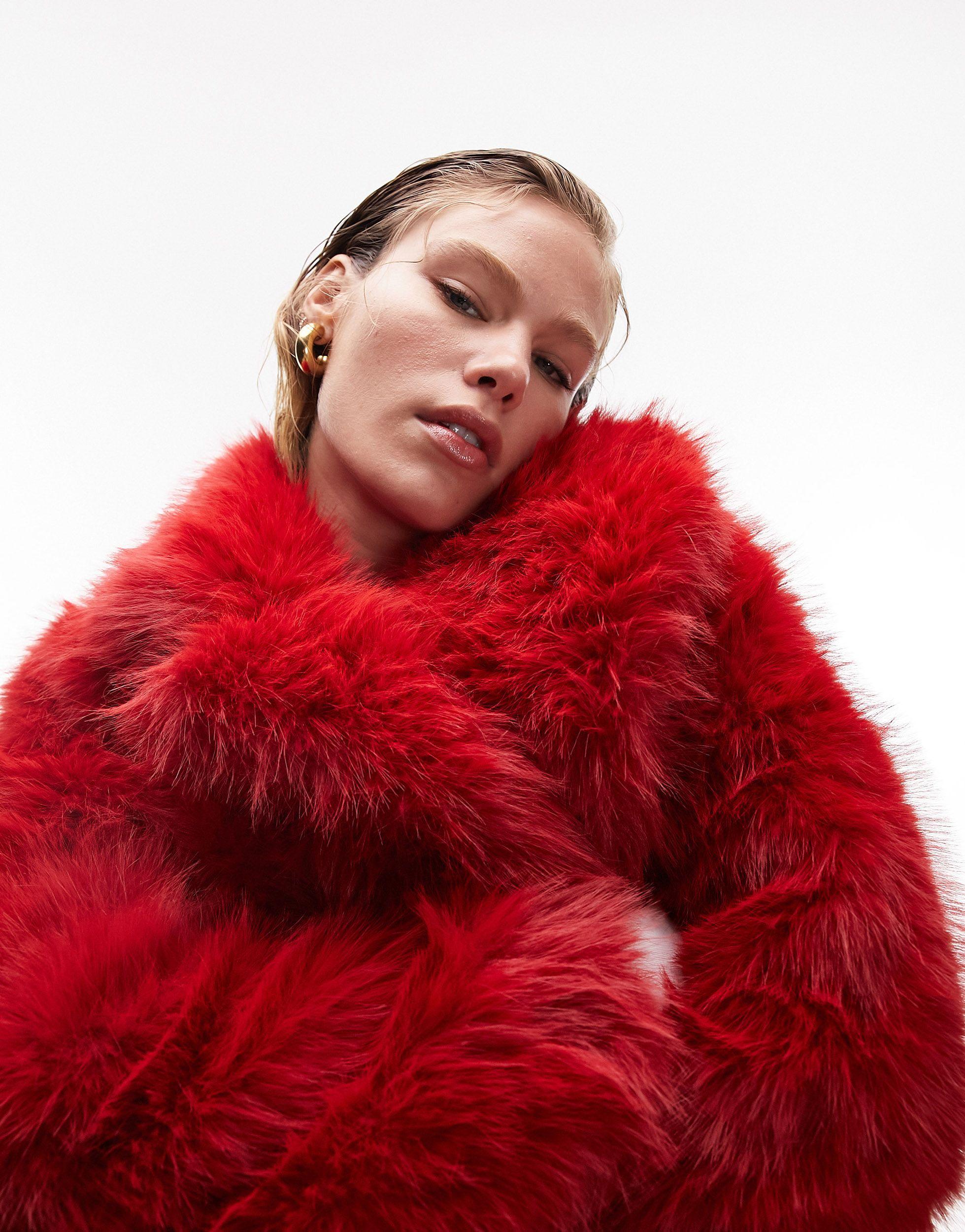 TOPSHOP Faux Fur Panelled Coat in Red | Lyst