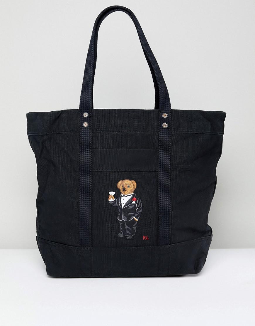 Polo Ralph Lauren Bear Embroidery Canvas Tote Bag In Black - Lyst