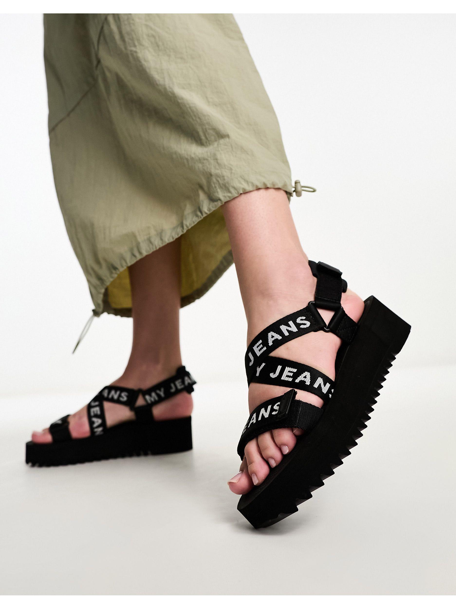 Tommy Hilfiger Flatform Taping Strap Sandals in Black | Lyst