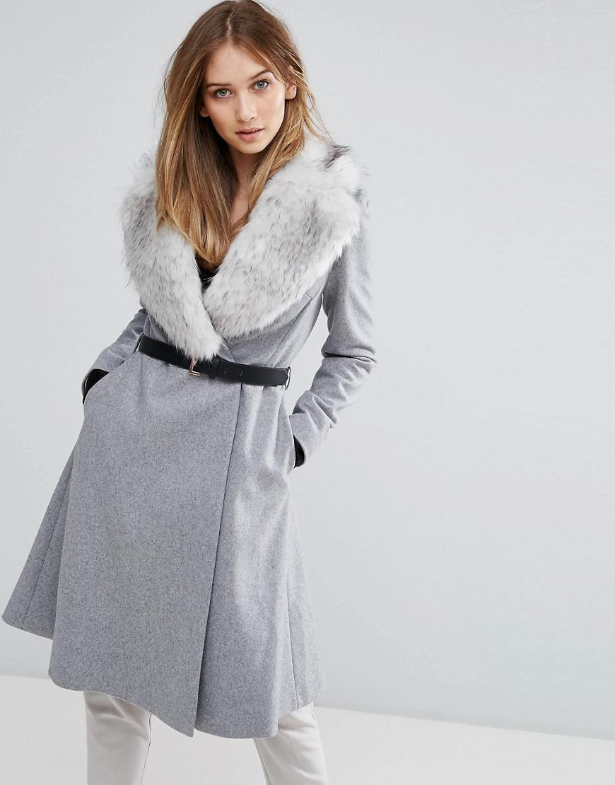 grey faux fur collar coat