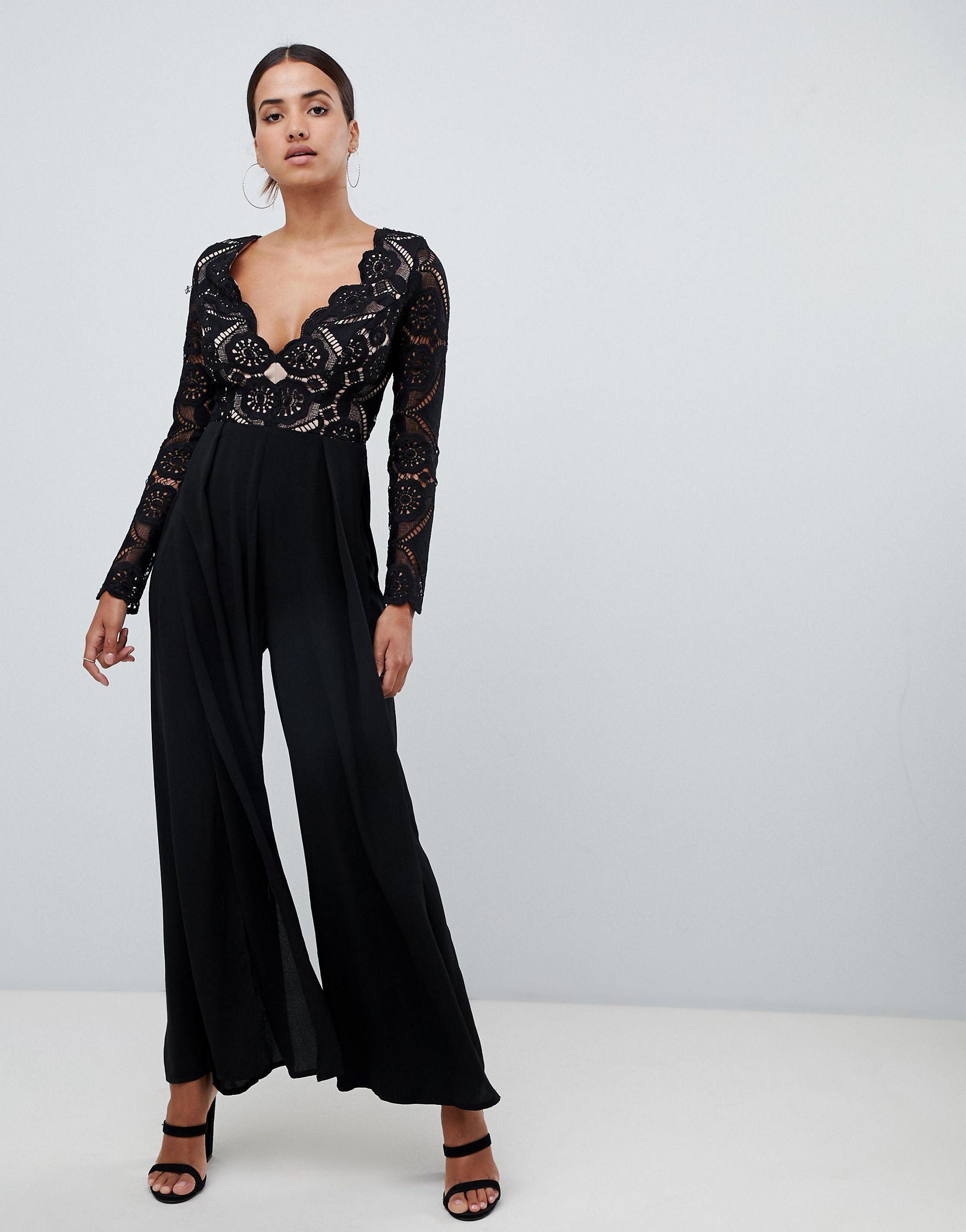 Love Triangle All Over Cut Work Lace Top Wide Leg Split Jumpsuit in Black |  Lyst