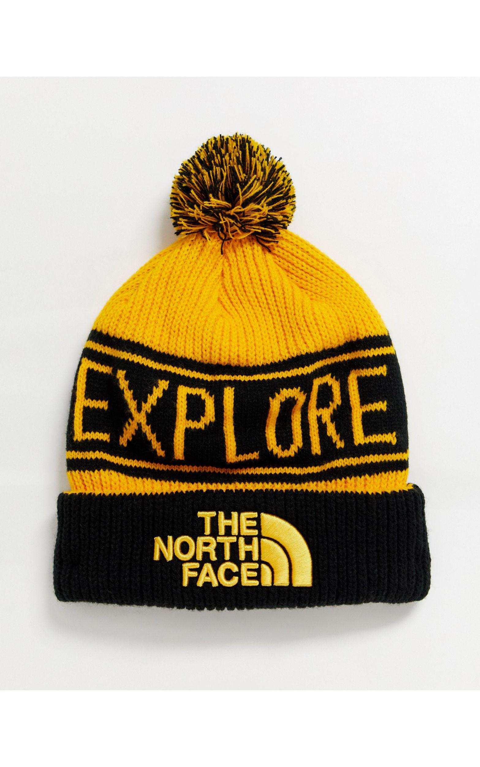 The North Face S Retro Tnf Pom Beanie Yellow/black One Size for Men | Lyst