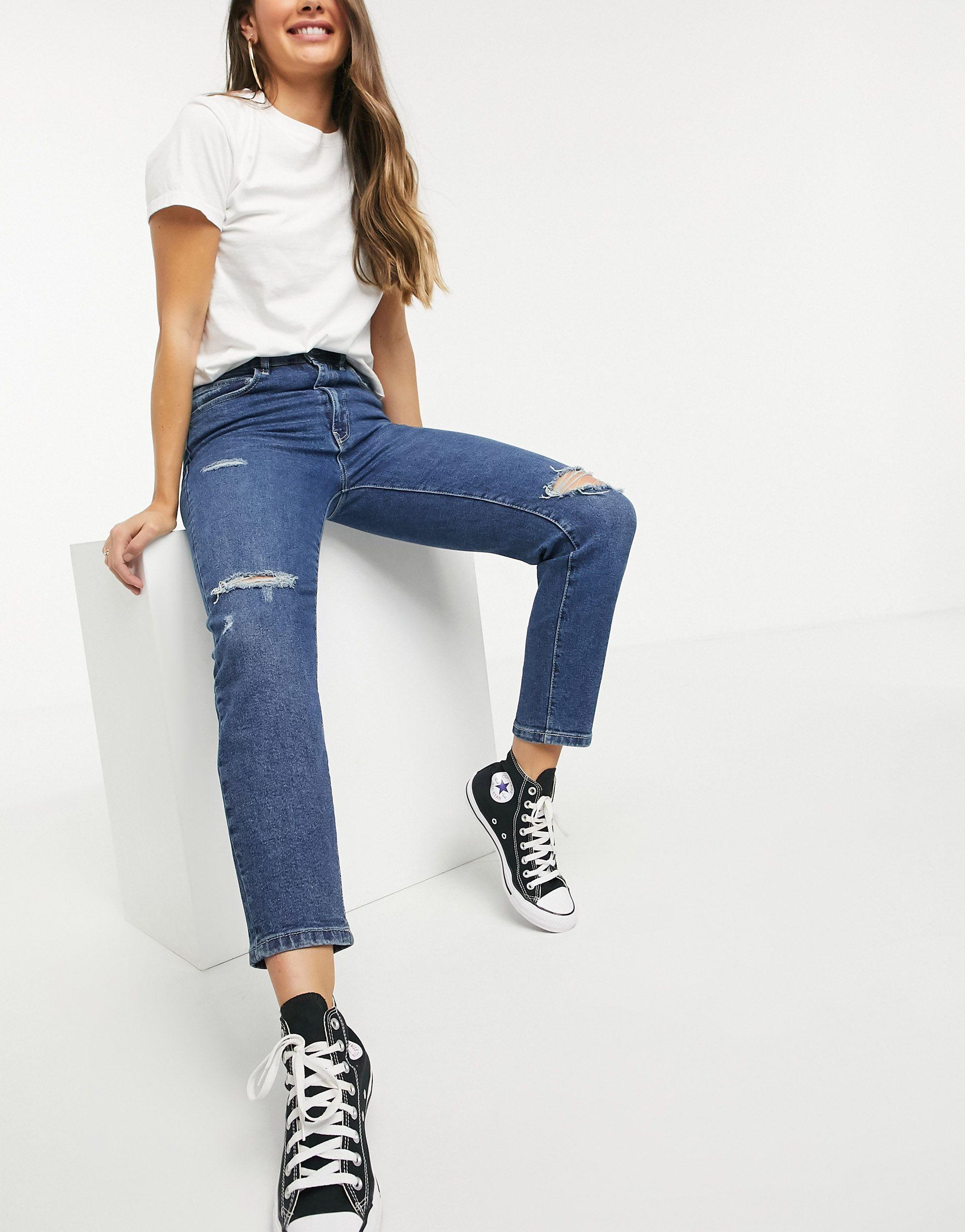 stradivarius slim mom jean with stretch in washed blue