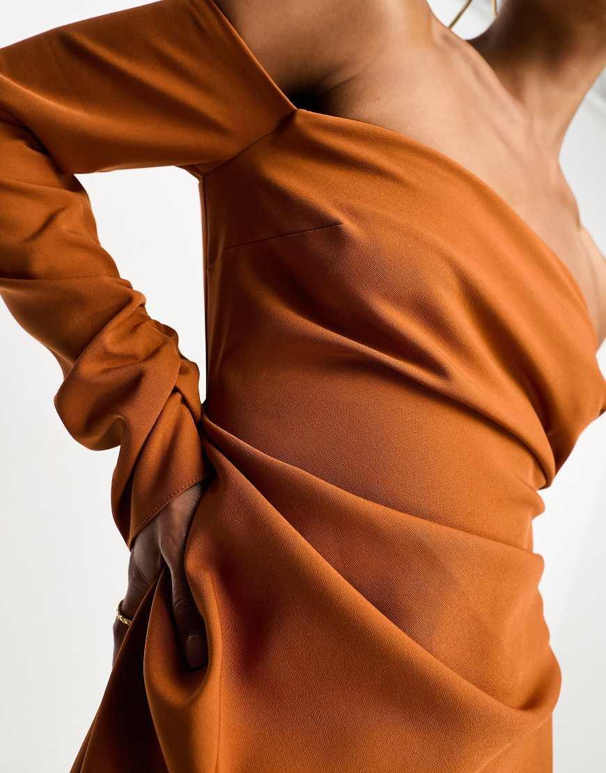 orange ribbed long sleeve bardot ruched bodycon dress ASOS Midaxi in Measurements from size XS