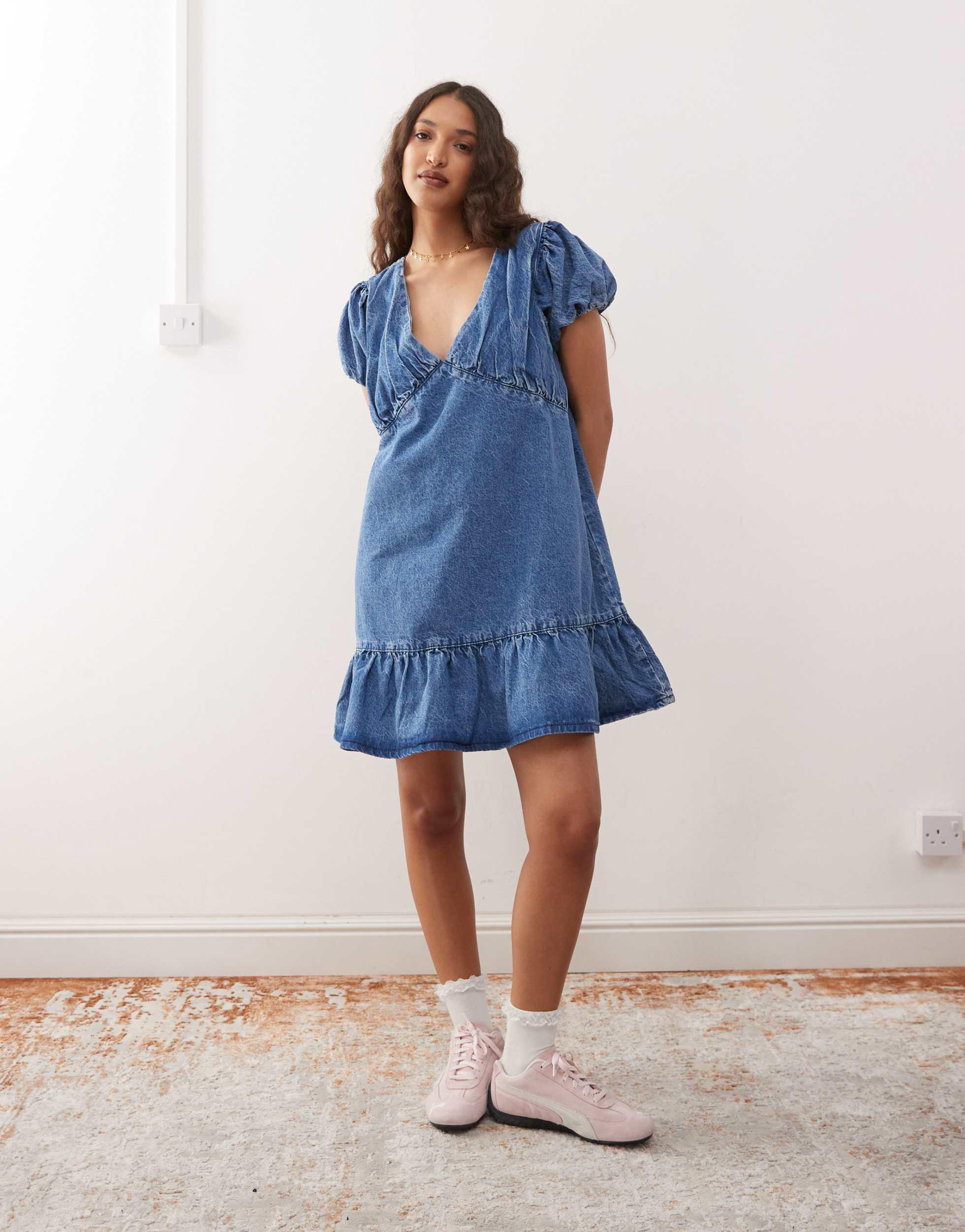 reclaimed vintage denim dress Reclaimed Vintage denim seam detailing strappy maxi slip dress in mid blue