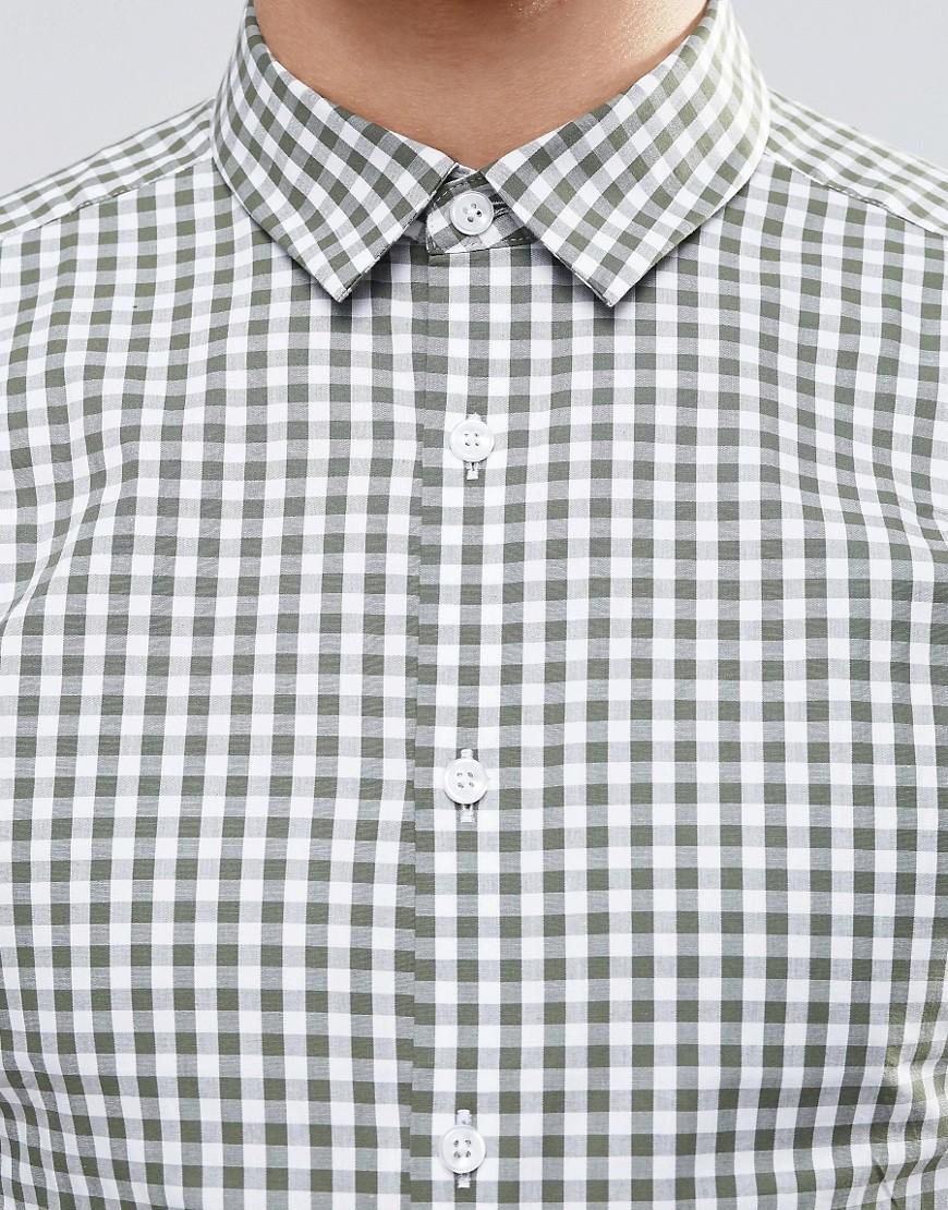 Lyst Asos Skinny Gingham Check Shirt In Khaki in Green for Men