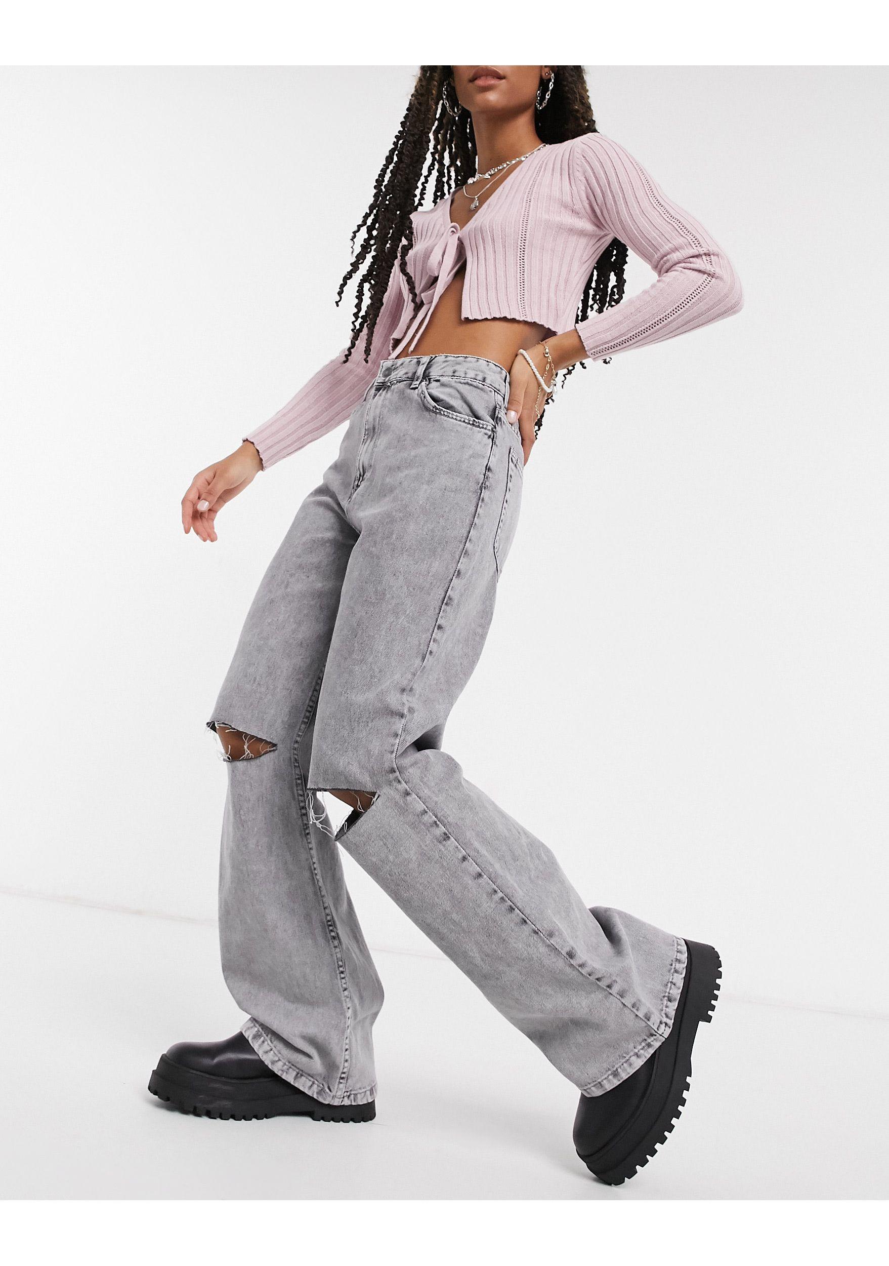 Bershka Wide Leg '90s Jean With Knee Rip in Grey (Gray) - Lyst