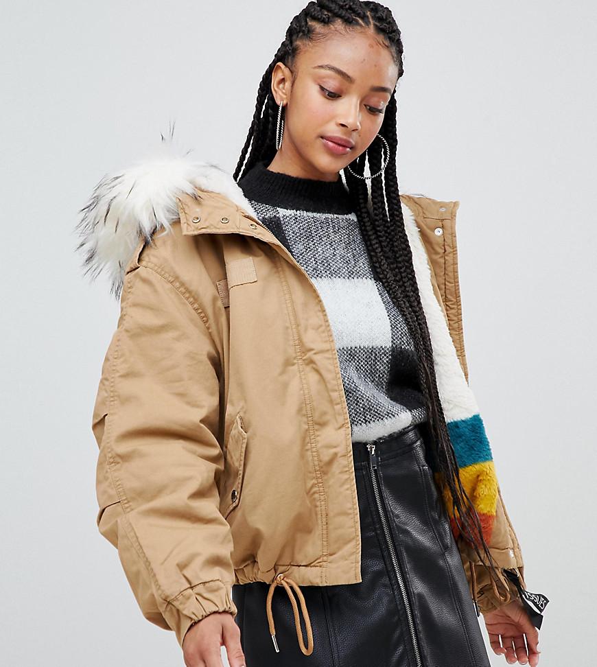 Bershka Short Parka With Faux Fur Hood In Khaki Brown - Lyst