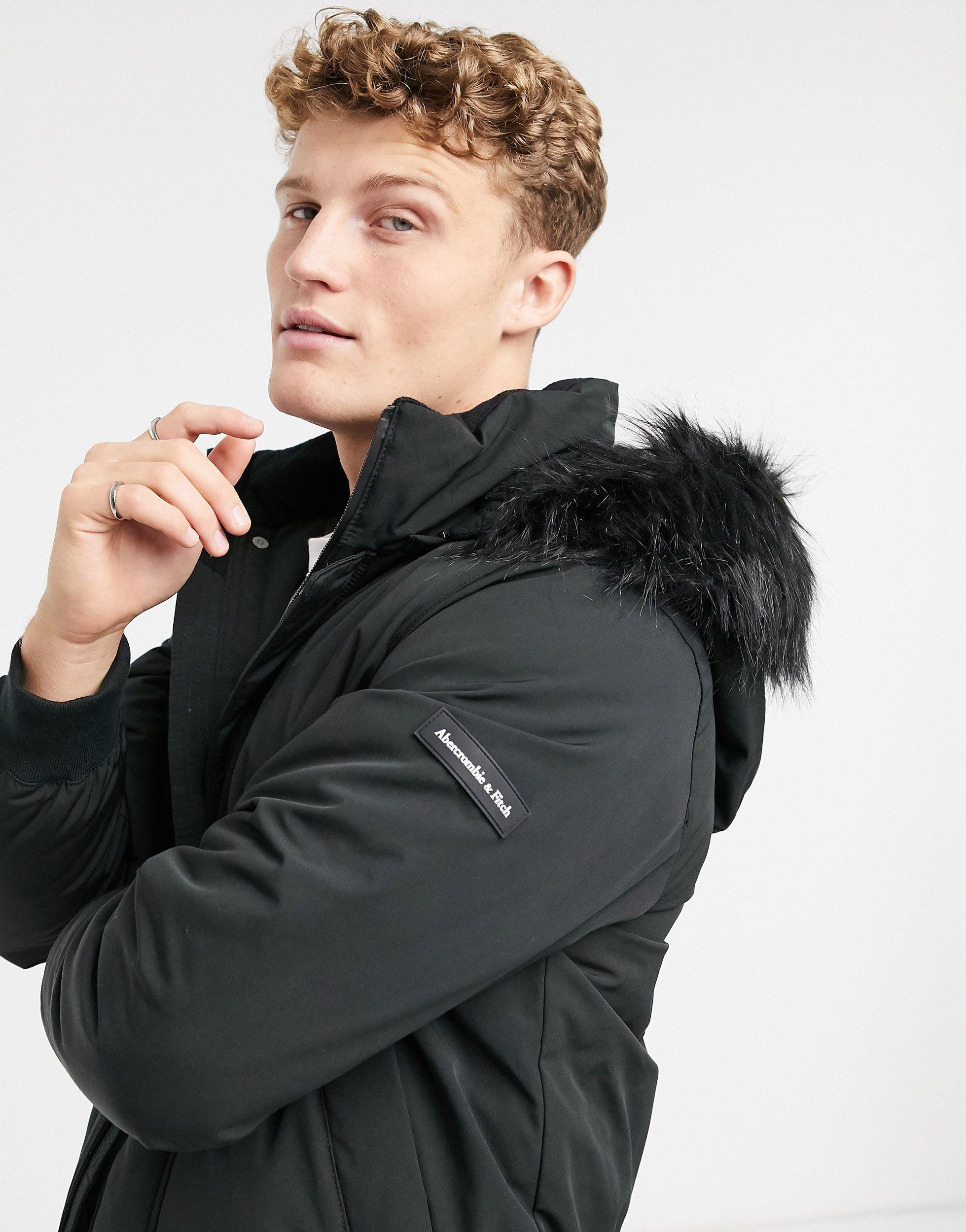 Abercrombie & Fitch Faux Fur Hood Ultra Bomber Jacket in Black for Men |  Lyst