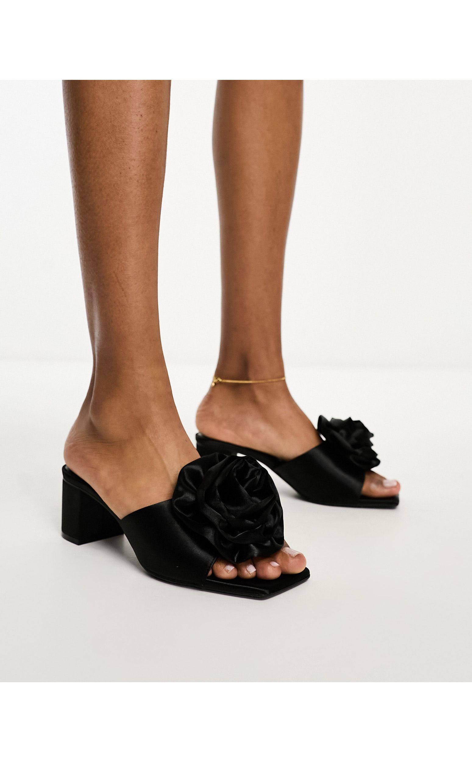 Monki Satin Heeled Mule Sandals With Flower in Black | Lyst