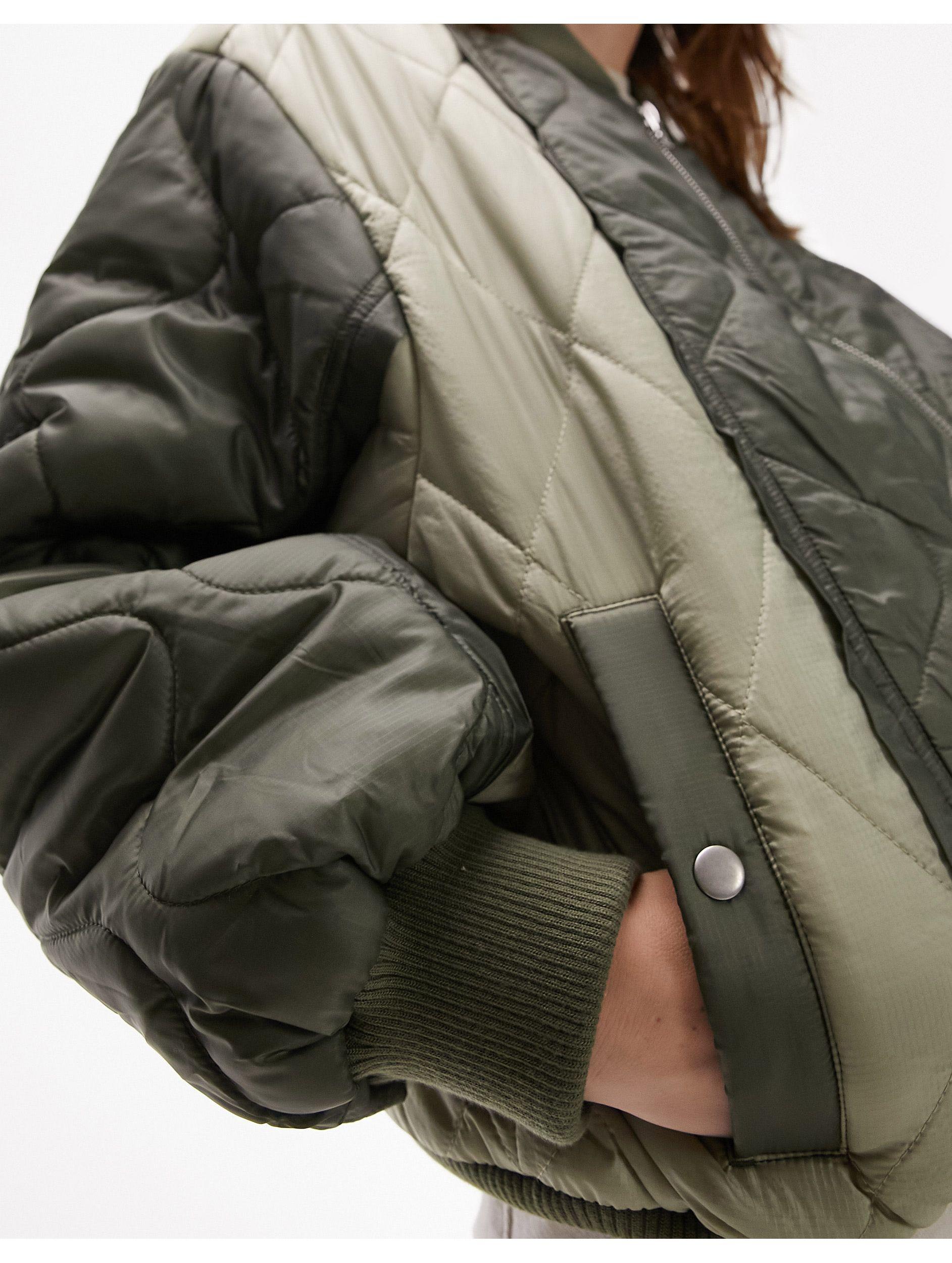 TOPSHOP Patchwork Quilted Bomber Jacket in Green Lyst
