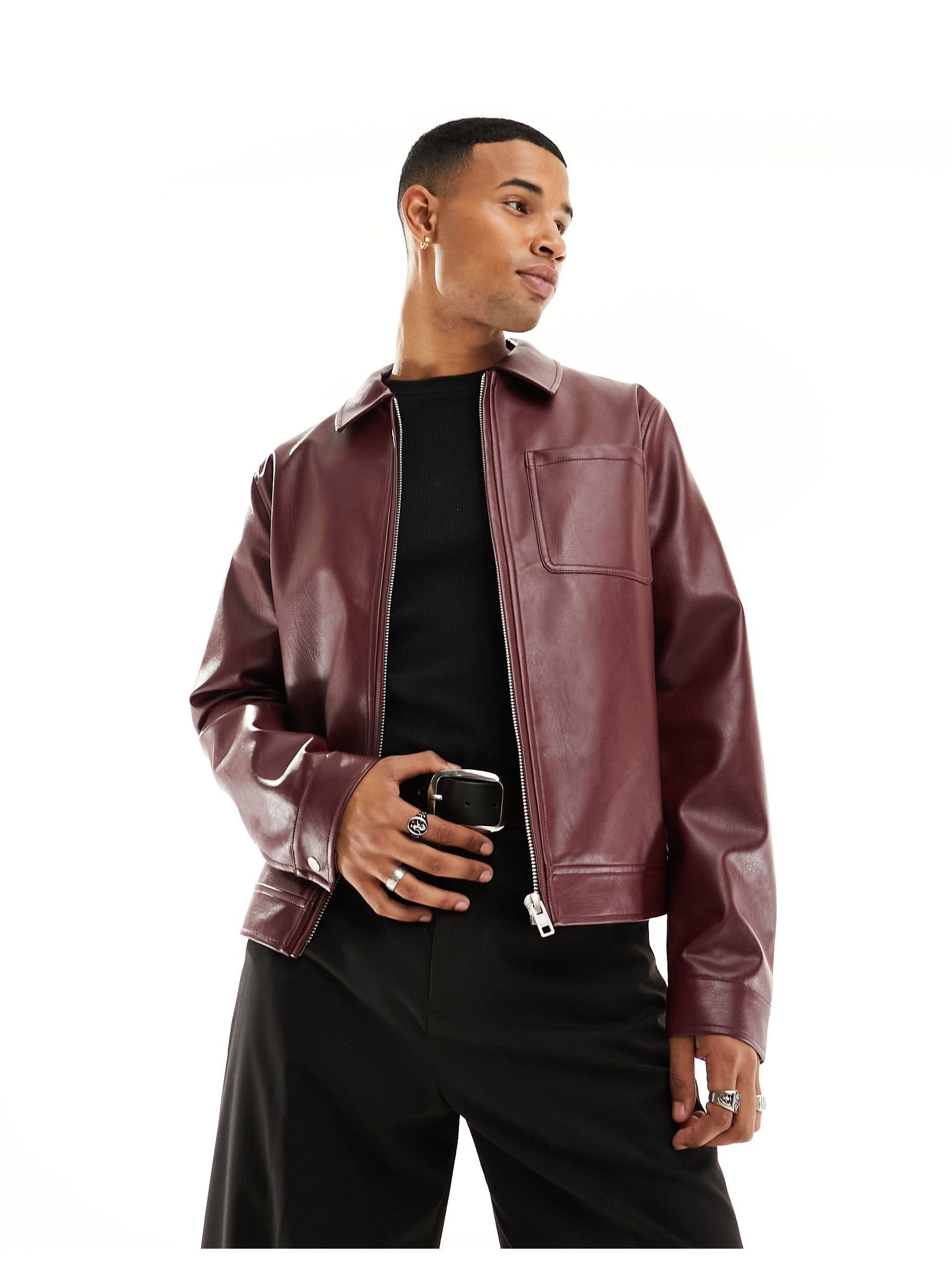 ASOS Real Leather Varsity Jacket in Green for Men