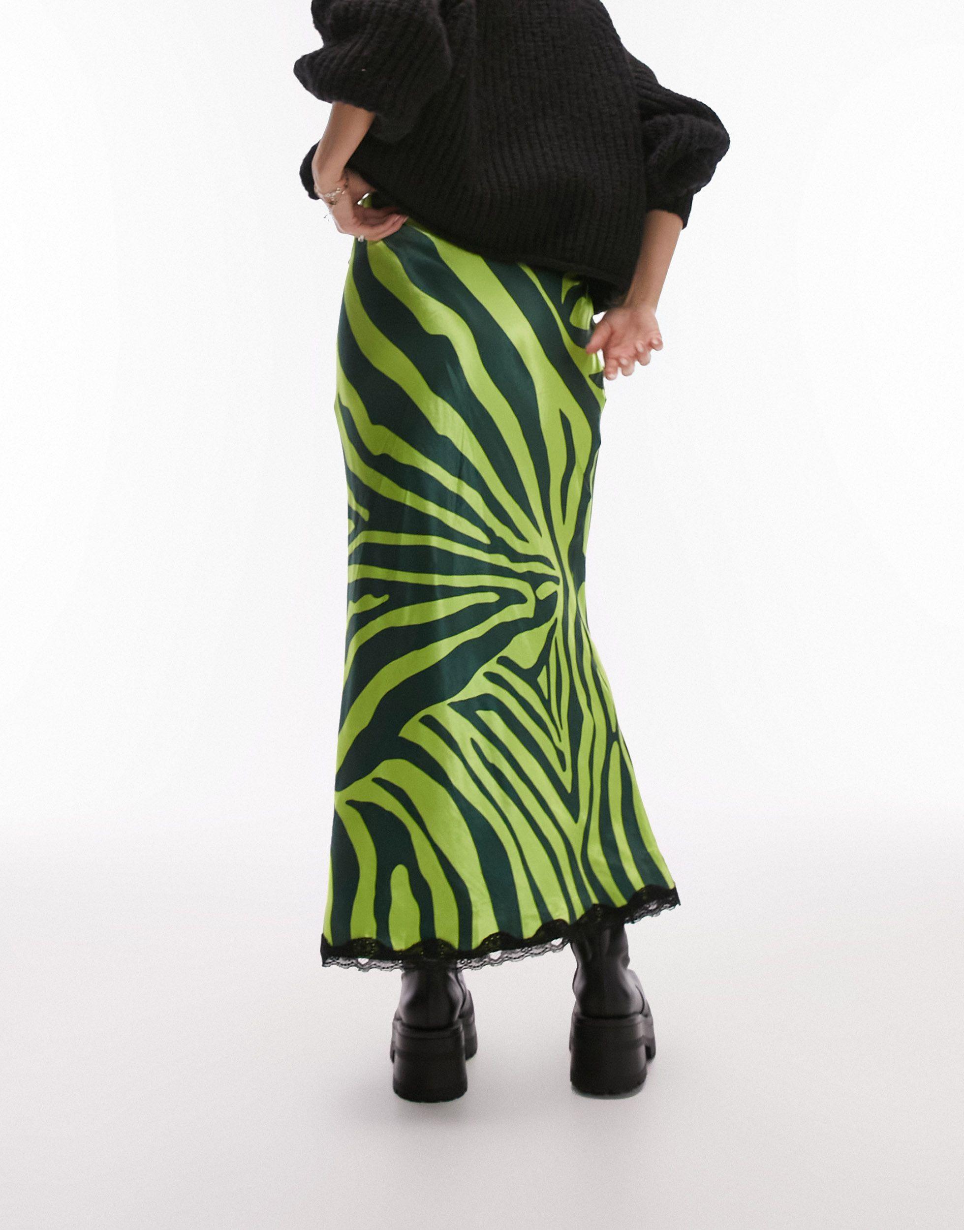 TOPSHOP Zebra Print Satin Midi Skirt in Green Lyst
