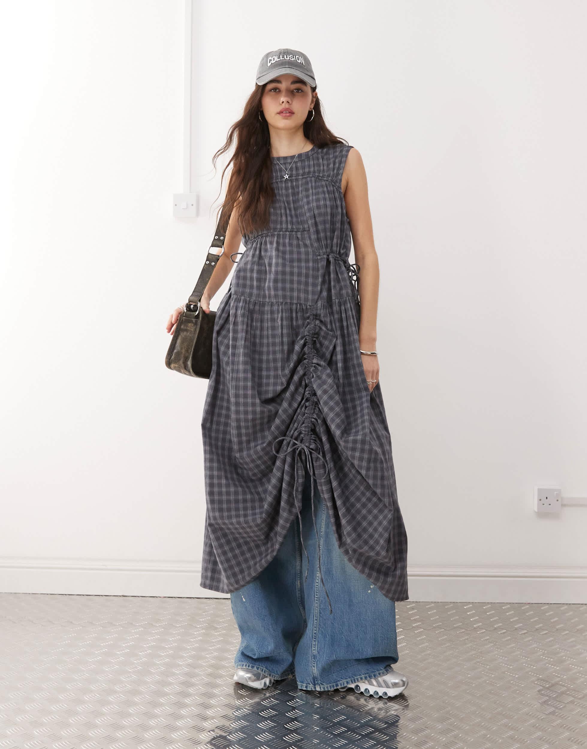 Collusion Channel Check Maxi Dress in Blue | Lyst Collusion Channel Check Maxi Dress in Blue | Lyst