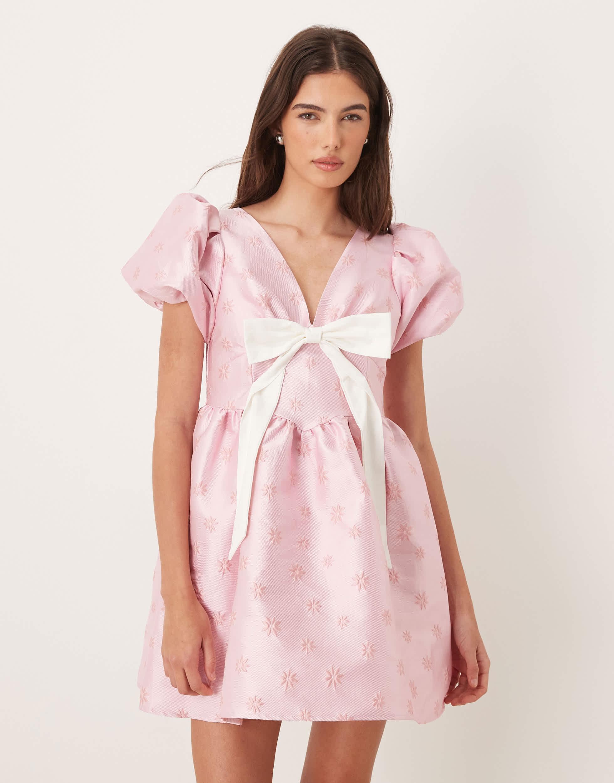 Sister Jane Exclusive V Neck Puff Sleeve Bow Mini Dress in Pink | Lyst