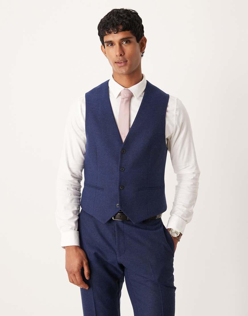 ASOS Slim Herringbone Suit Waistcoat With Wool in Blue for Men