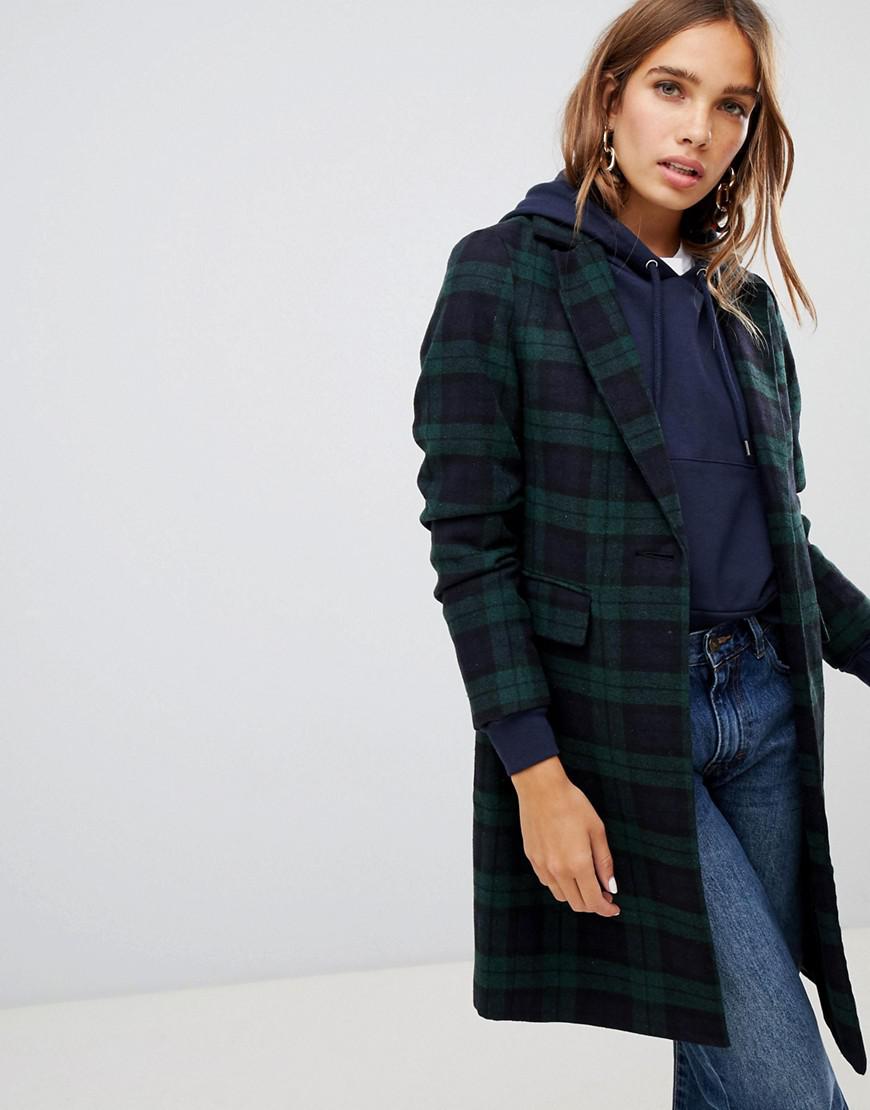New Look Plaid Check Coat in Green | Lyst UK