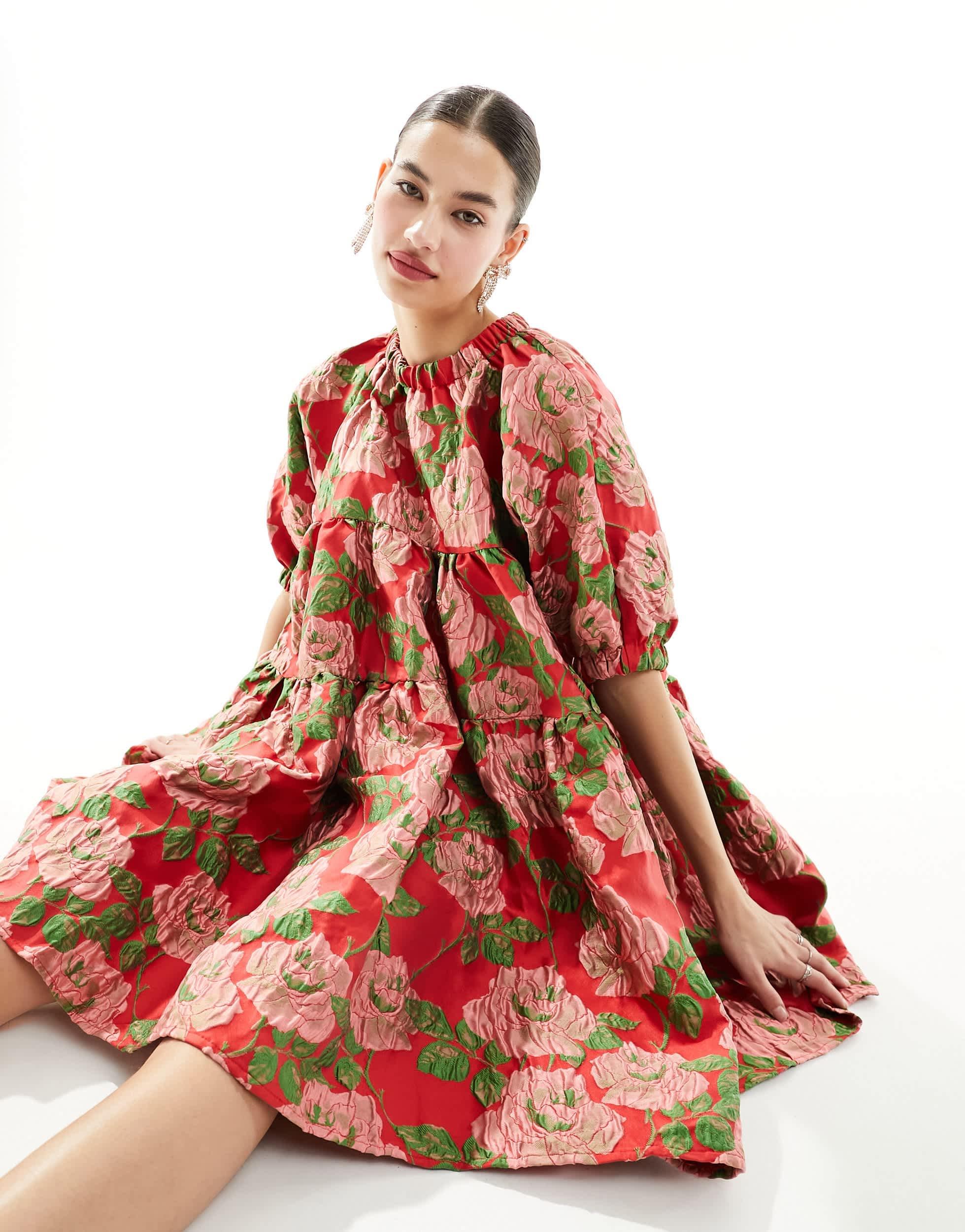 red multi floral mini jacquard dress Pink Multi Floral Print Jacquard Mini Dress - Event Dresses