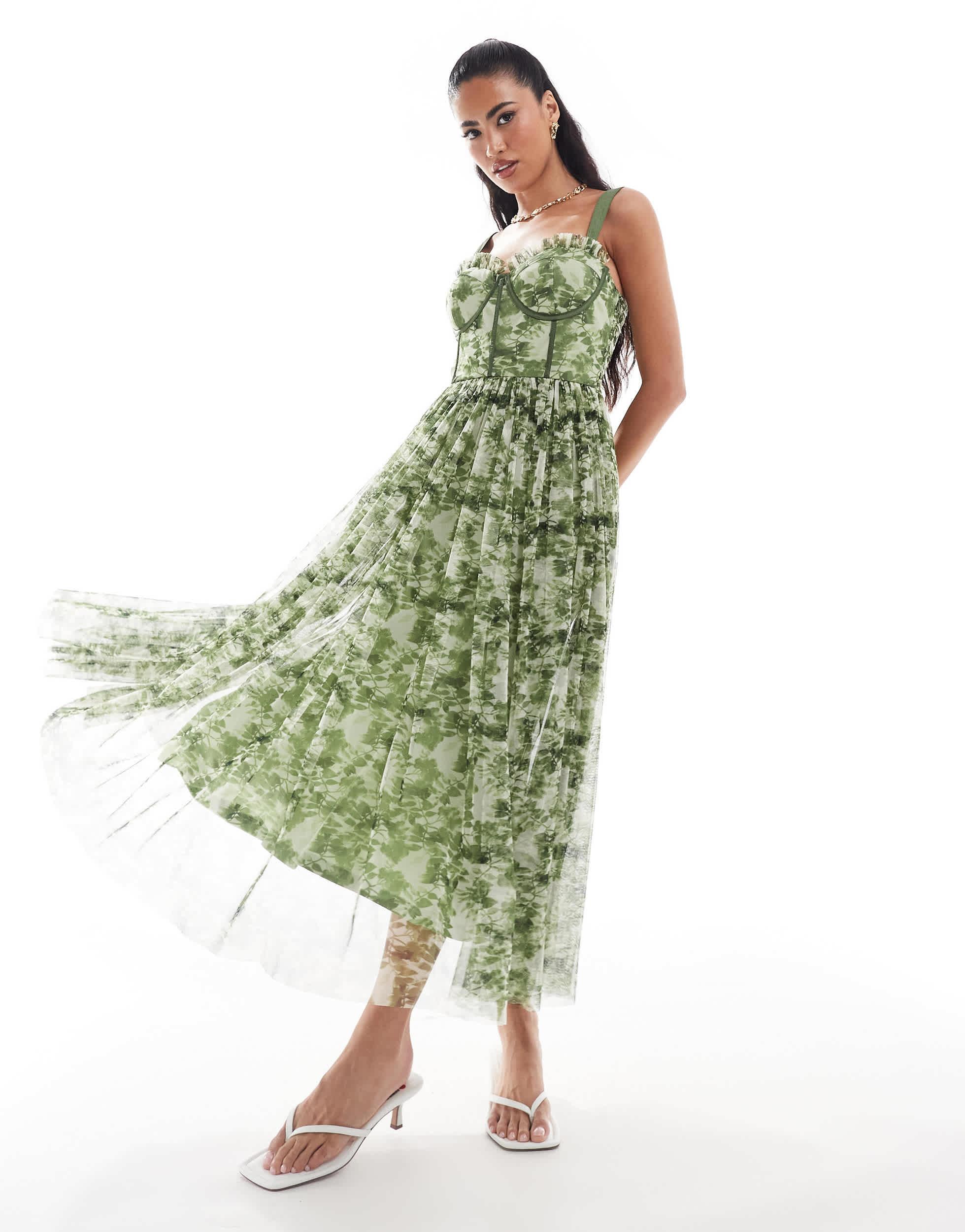 LACE BEADS Corset Tulle Midi Dress in Green Lyst