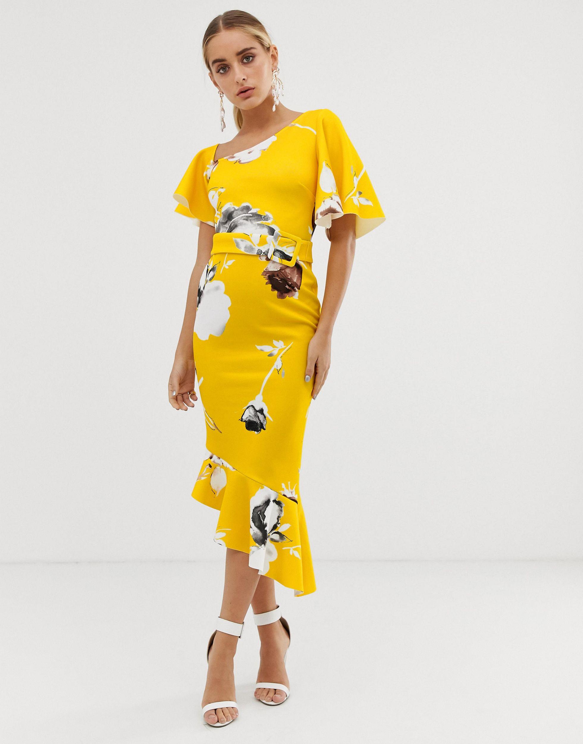 yellow ruffle midi dress