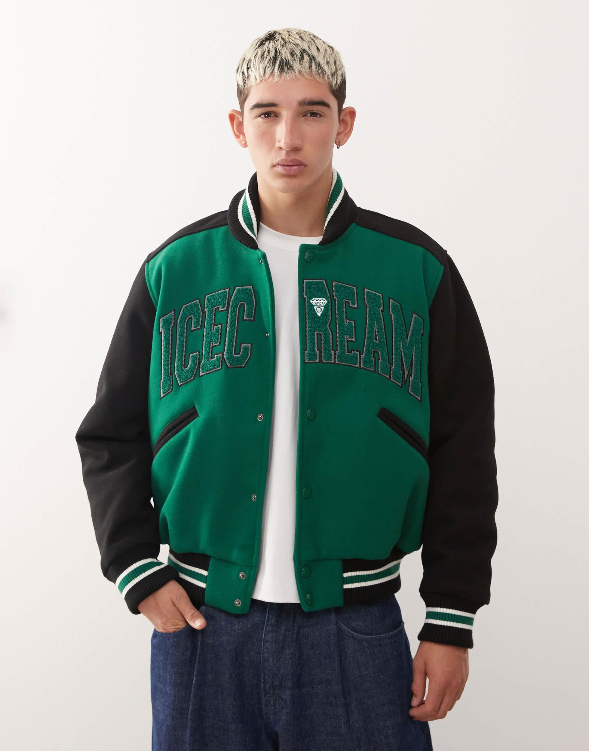 ICECREAM College Varsity Bomber Jacket in Green for Men | Lyst