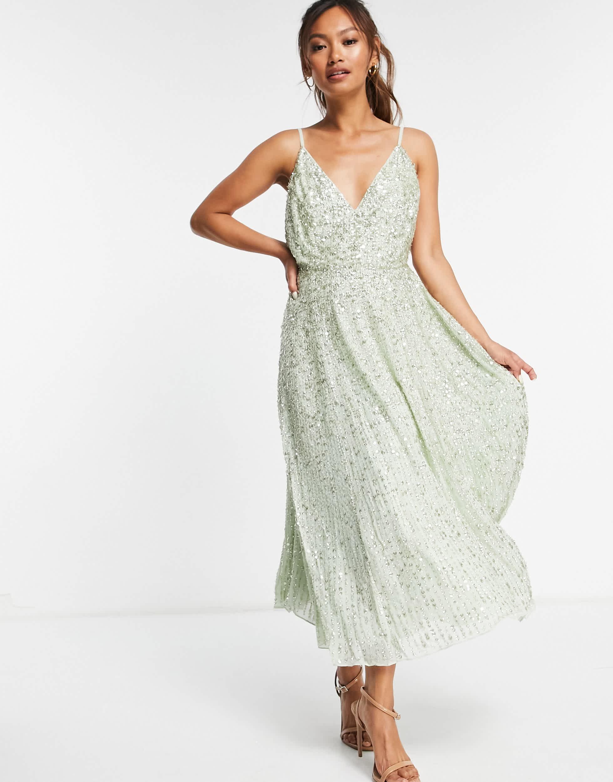 knee length dresses for ladies Rent Asos Edition Curve Embellished Cami Midi Dress In Sage Green main image 1