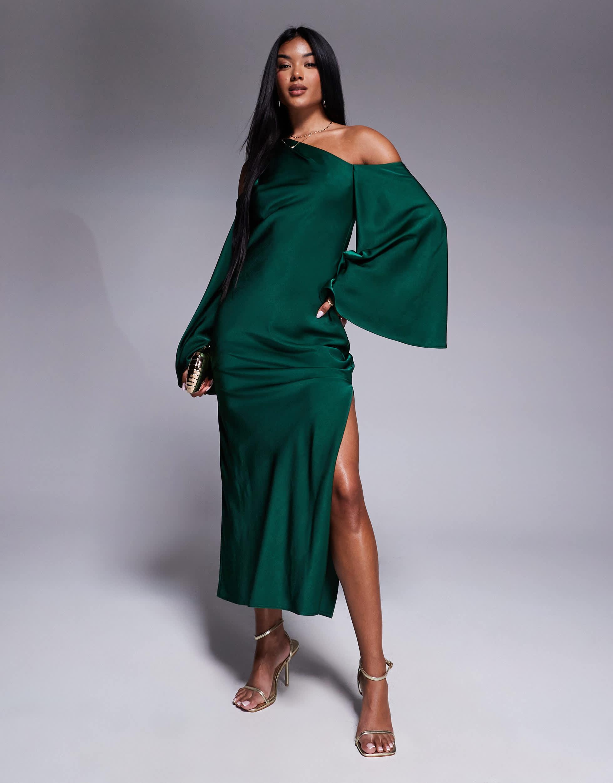 Robe Satinée Verte AX Paris Manches Longues - Taille 14 - Neuf Avec étiquettes - Soirée