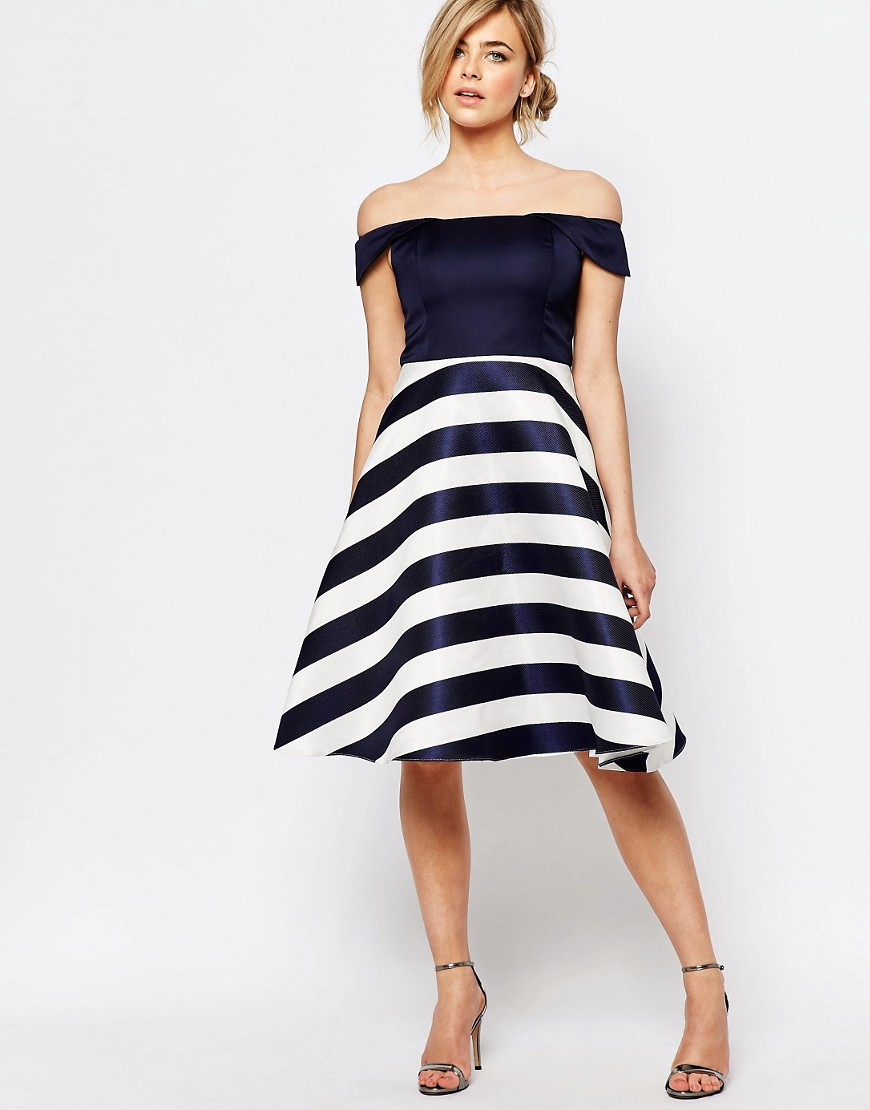 navy and white bardot dress