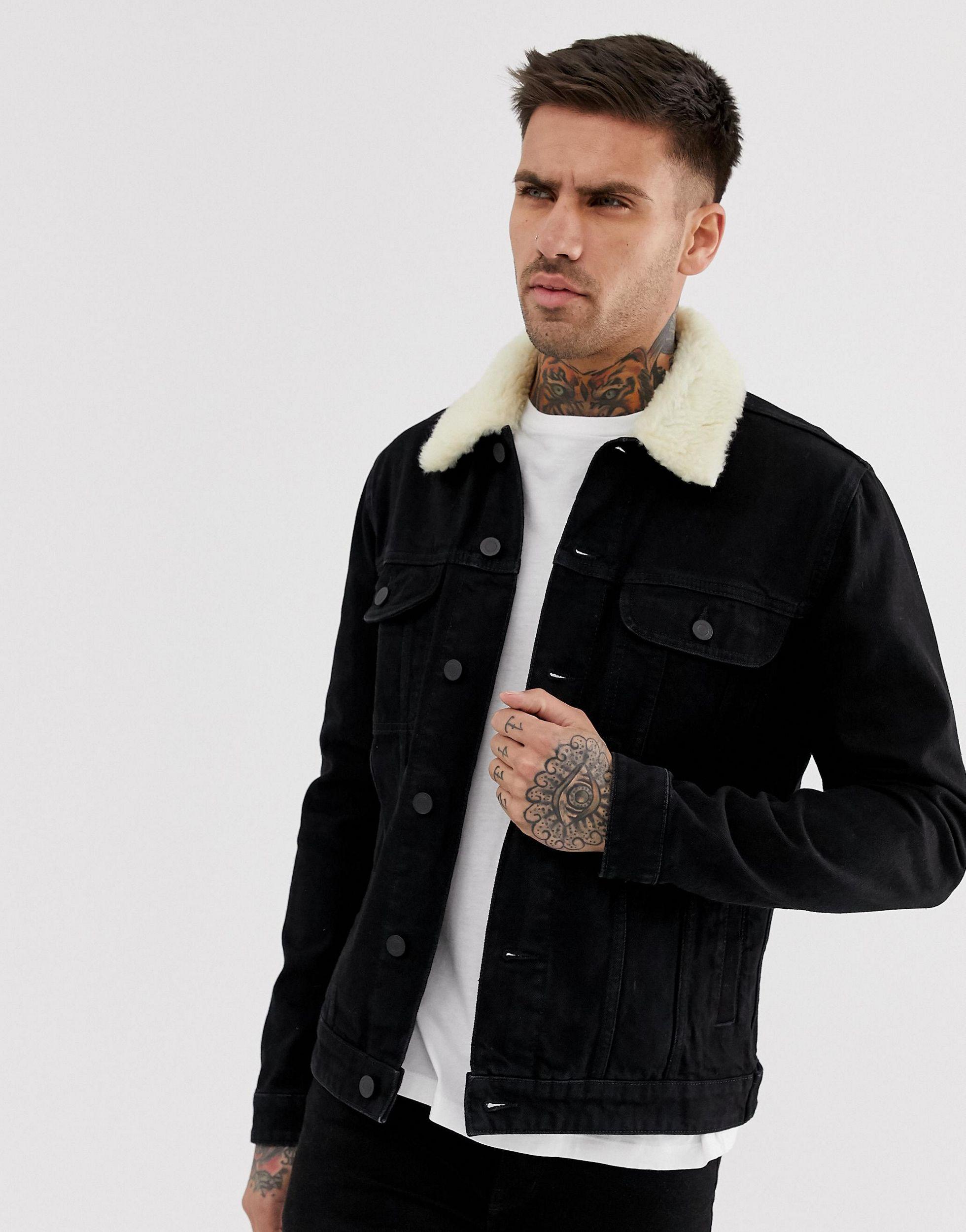 ASOS Denim Jacket With Detachable Borg Collar in Black for Men | Lyst UK