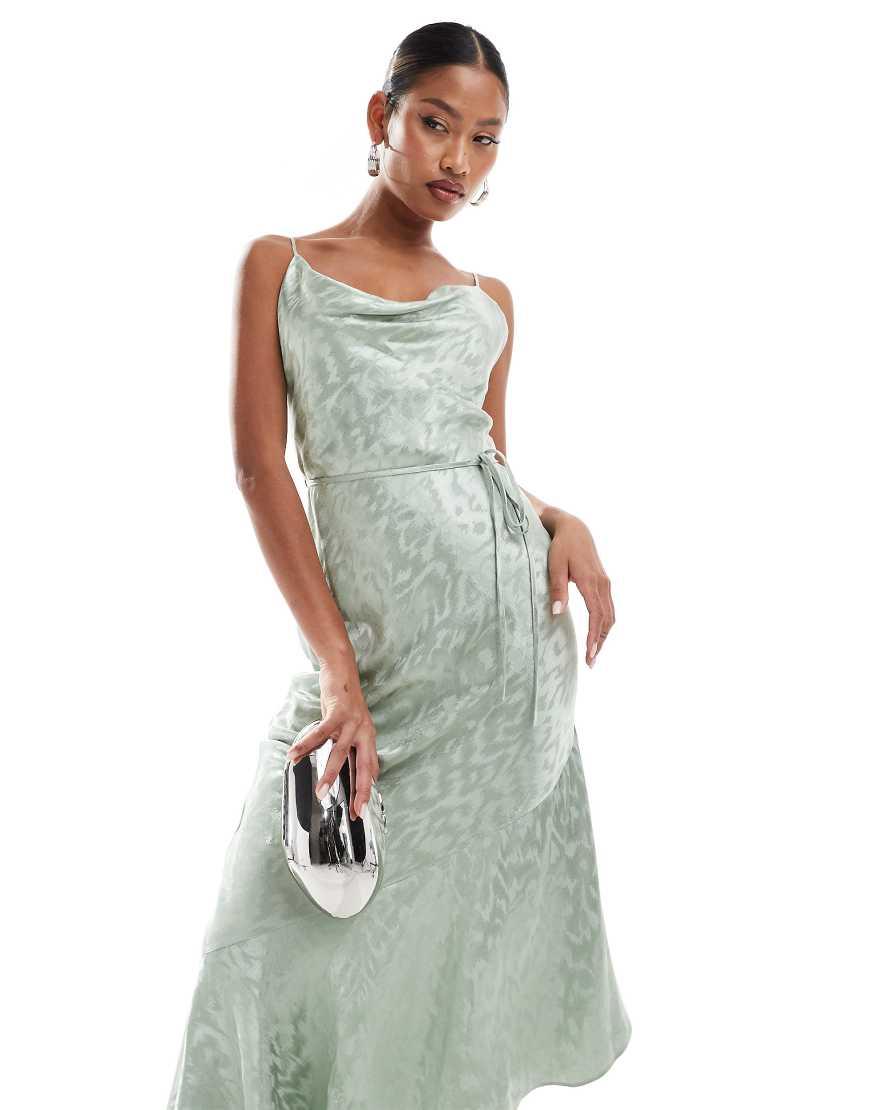 river island green silk dress River Island Tie Front Satin Dress River Island Womens Khaki Satin Tie Waist Slip Midi Dress