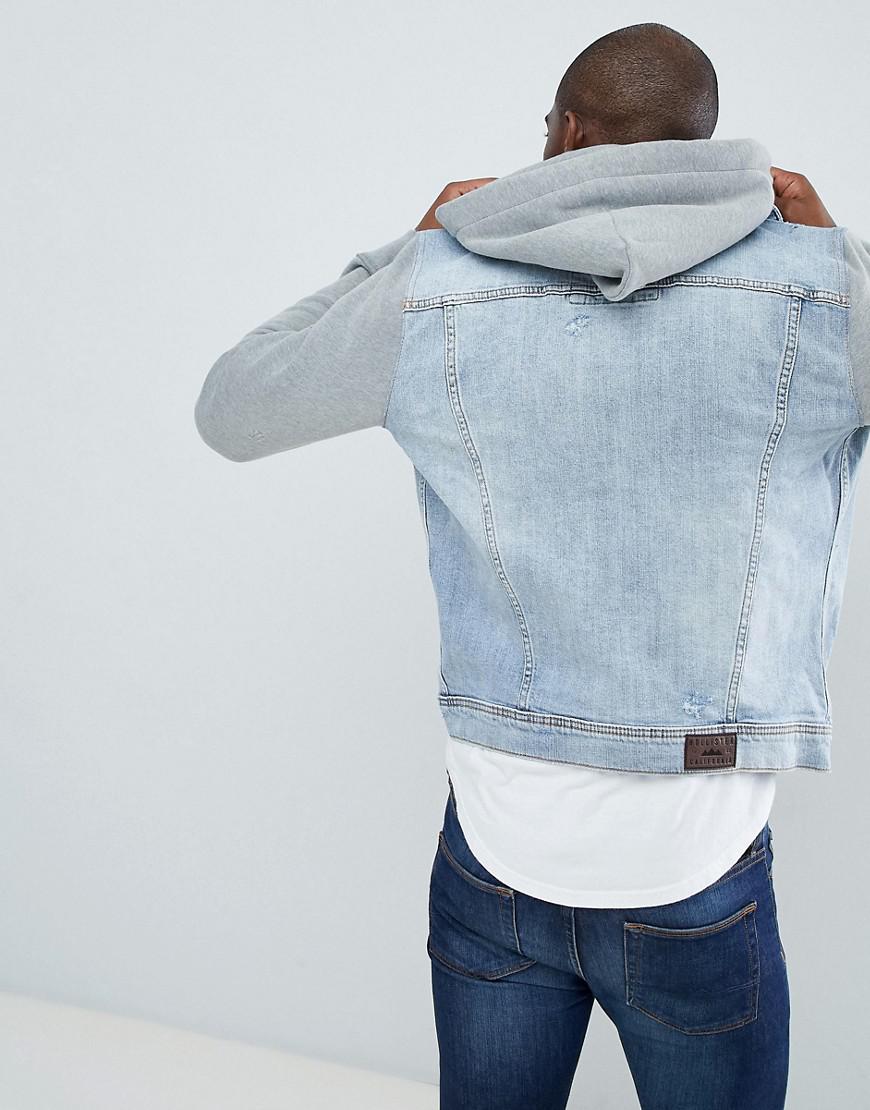 Hollister Denim Jacket Sweat Hood & Sleeves In Light Wash/grey in Blue