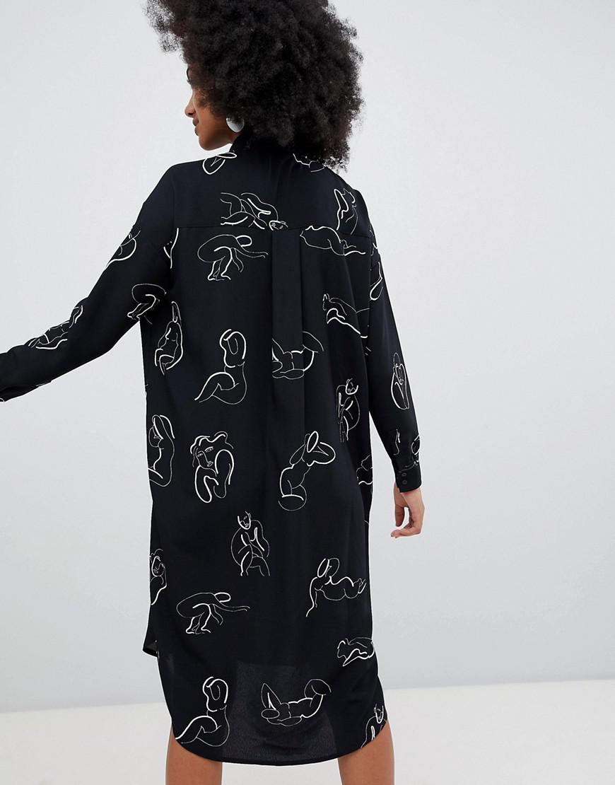 Monki Soft Body Print Shirt Dress With Pocket in Black | Lyst
