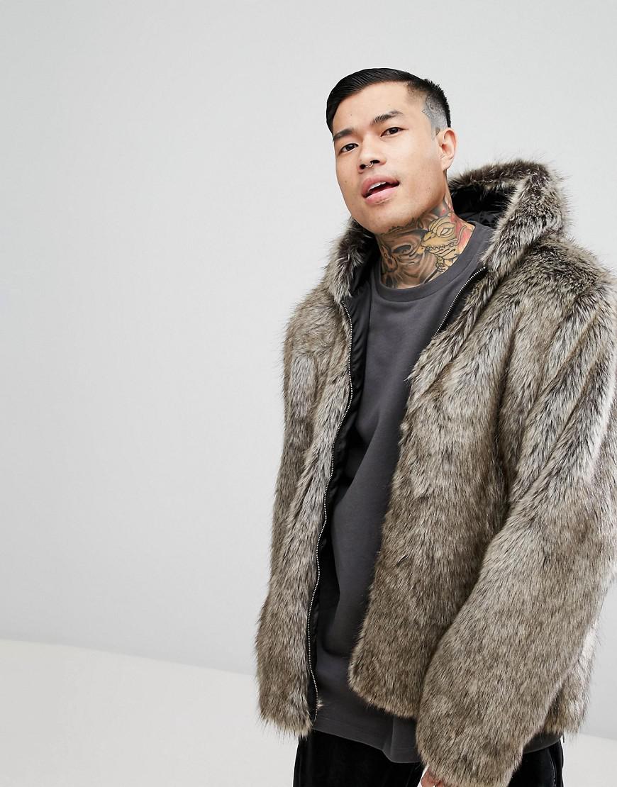 Lyst - Asos Design Faux Fur Bomber With Hood In Stone for Men