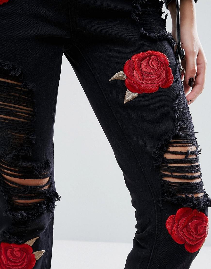 Missguided Denim Riot Embroidered Rose Mom Jeans in Black - Lyst