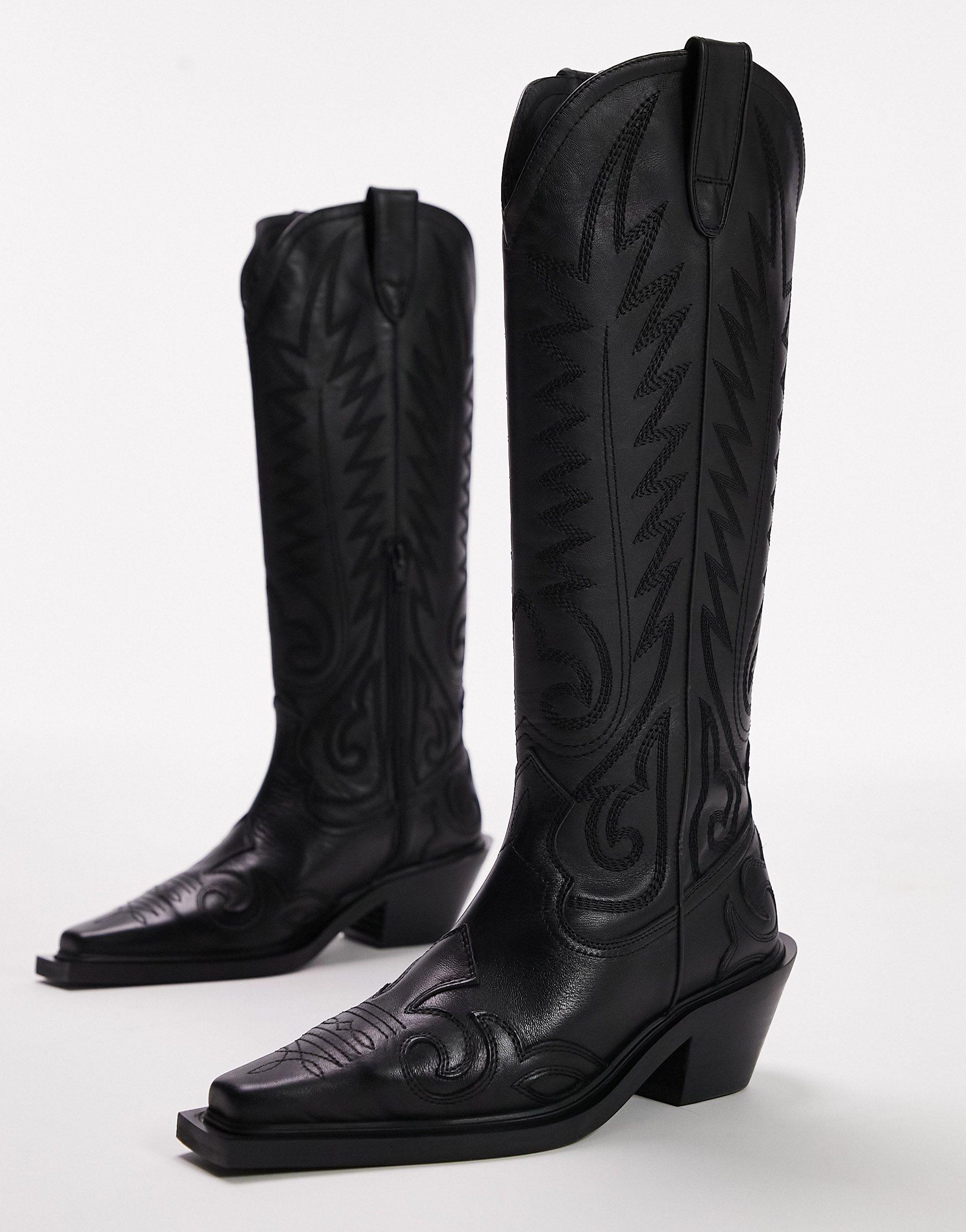 TOPSHOP Bailey Premium Leather Western Boot in Black | Lyst