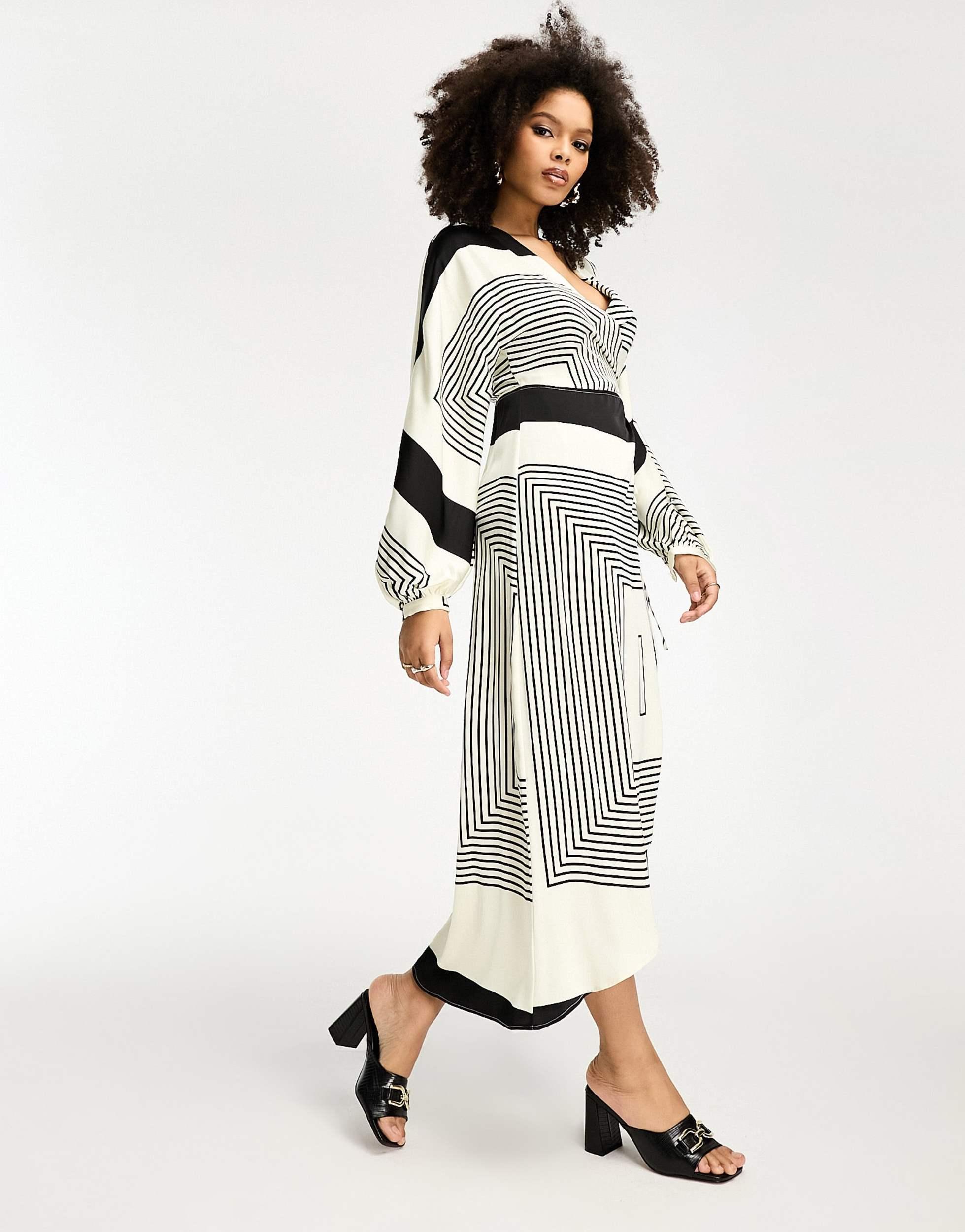 Robe portefeuille mi longue avec imprime lineaire Mango en coloris Blanc Lyst